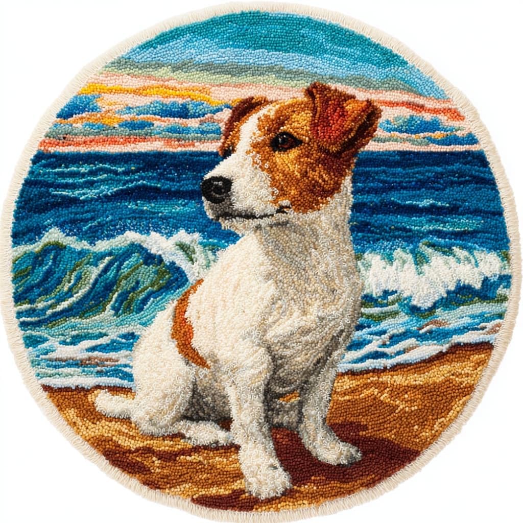 kitphoenix Round Shape Latch Hook Kits Rug Russell Terrier DIY Cushion Rug Carpet Making Crochet Hook Kits Preprinted Pattern Canvas Cushion Yarn Hooking Kits Mat Kits 50X50Cm