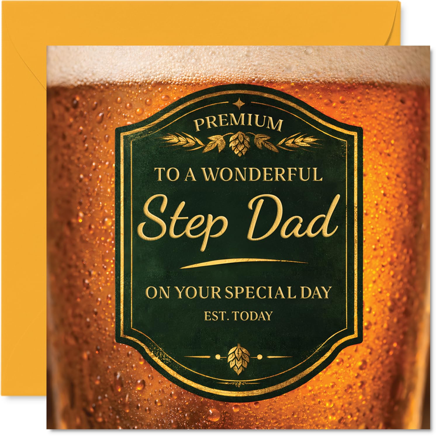 Heartfelt Birthday Card for Step Dad - Cheers to a Wonderful Stepdad - Beer Celebration Motif with Bold Gold and Green Design - 145mm Square, Envelope Included