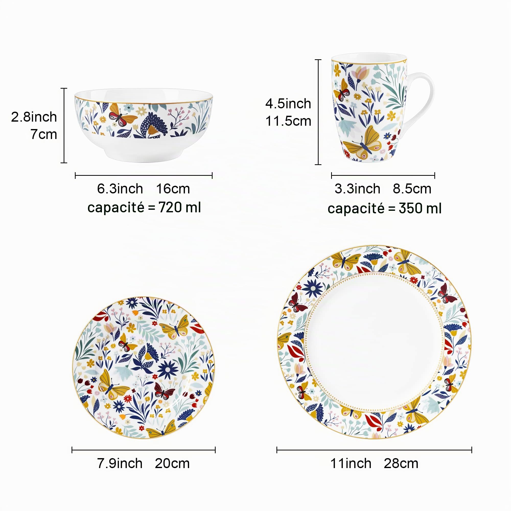fanquare Services de Table Complet Moderne 16 Pièces en Porcelaine, Services de Vaisselle Or Vintage pour 4 Personnes, Assiettes Plates Fleurs Papillon, Bols, Tasses