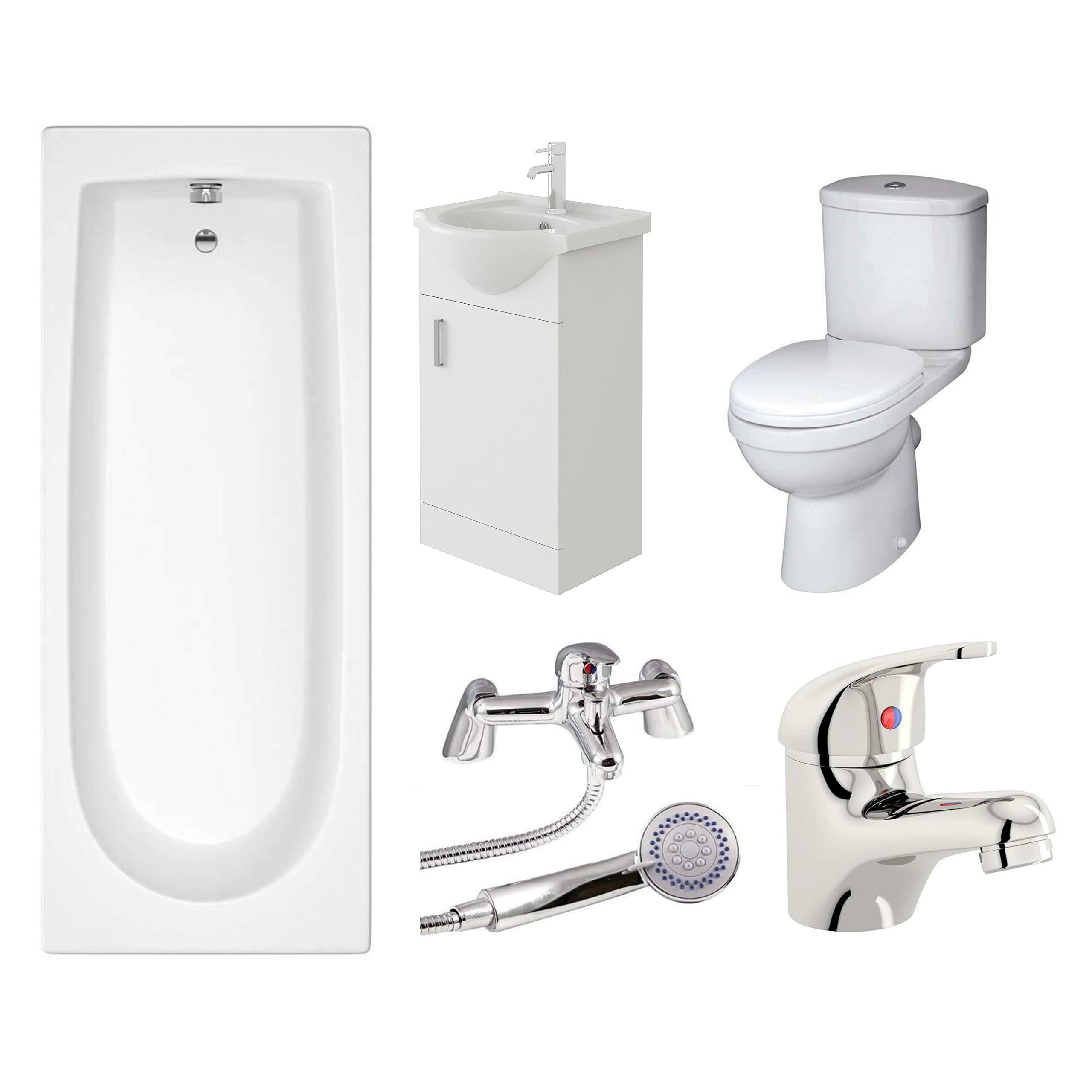 VeeBath Rosina 1600mm Bath, Modern Toilet, Vanity Sink Unit, Shower & Basin Mixer Taps High Gloss White Bathroom Suite