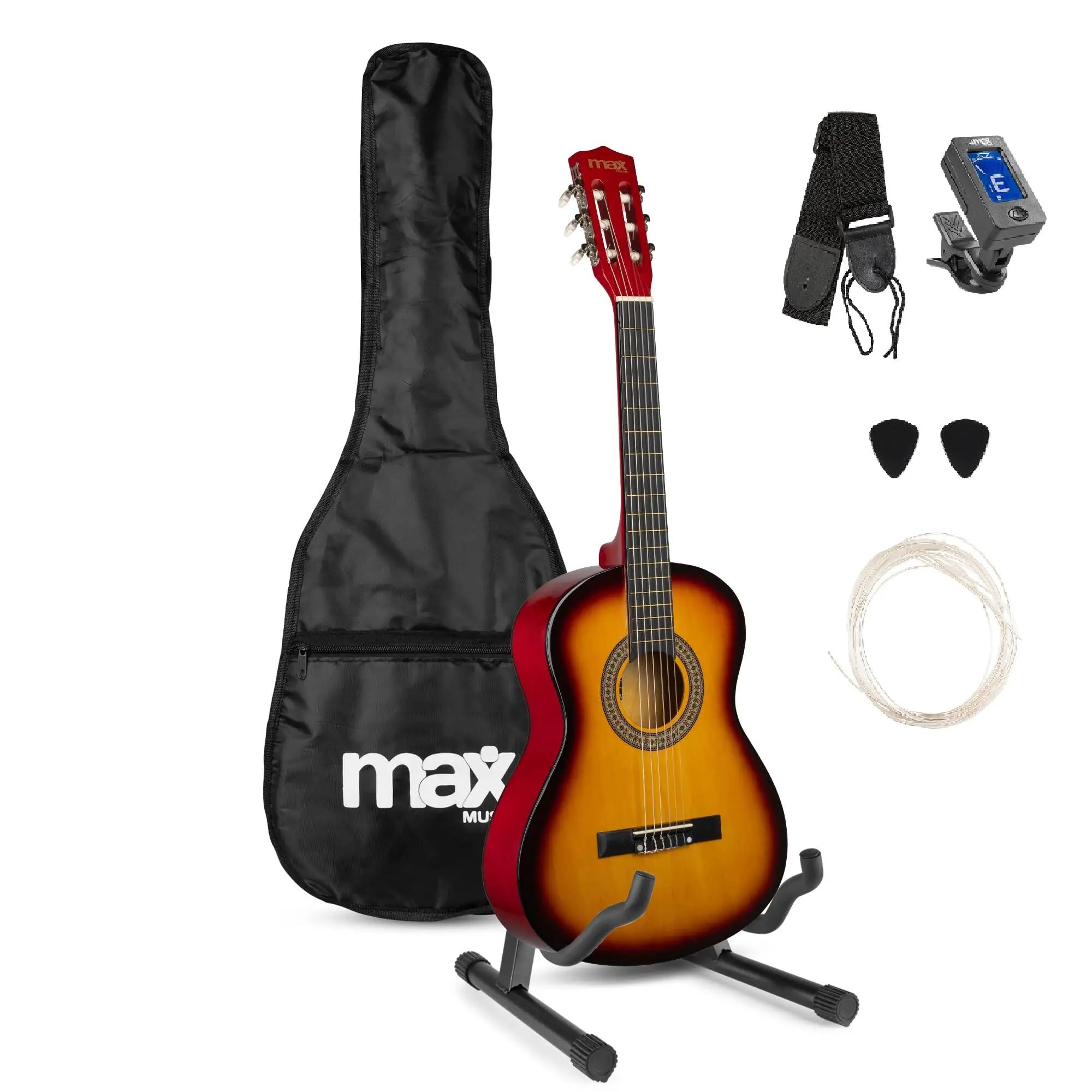 MAX SoloArt Junior - Akustik Gitarre 3/4, Kinder Gitarre inkl. Stimmgerät, Ständer, Tasche, Plektrum, Gurt und Saiten-Zubehör, 3/4 Guitar in Holz Sunburst
