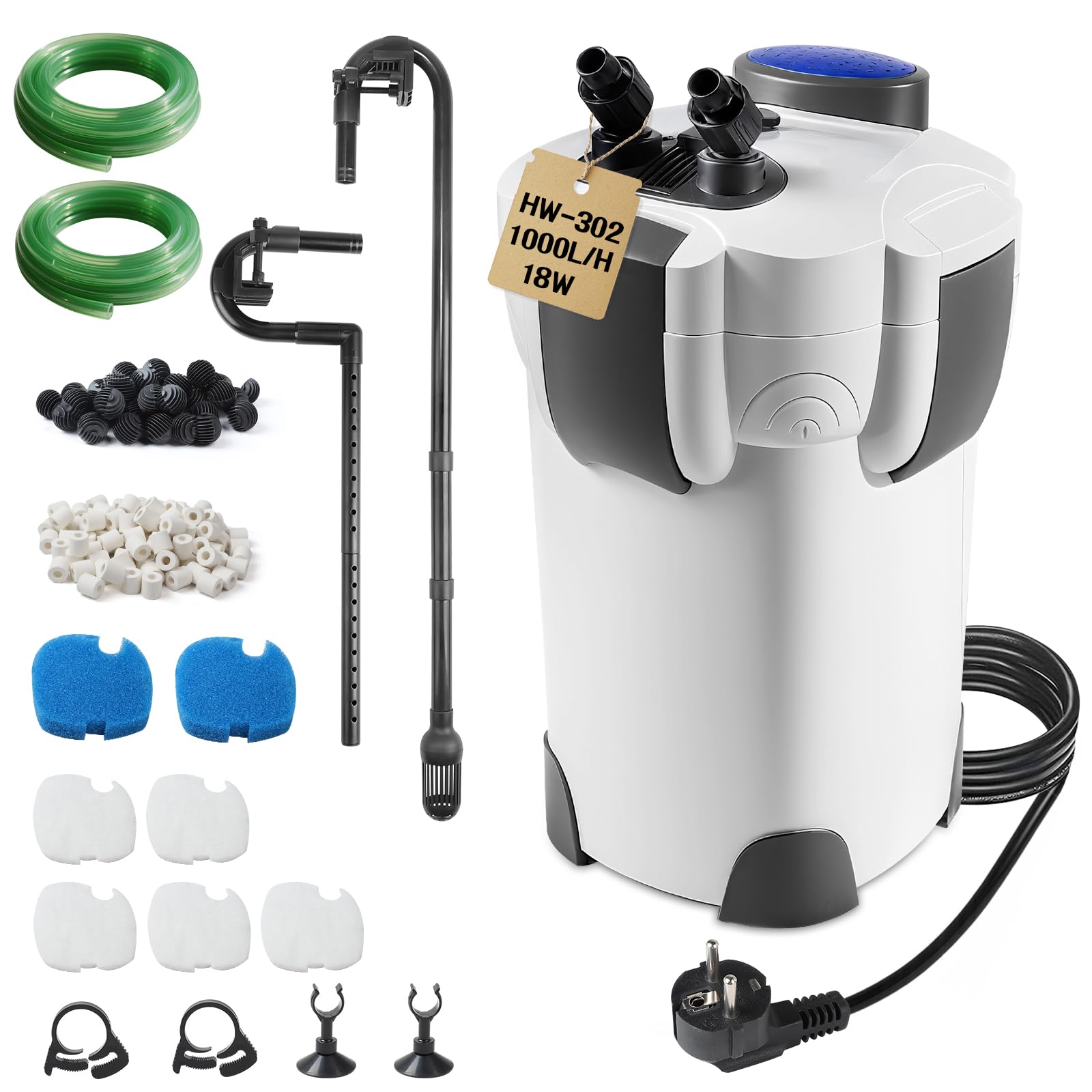 EXLECO Filtre Extérieur Aquarium 1000L/H 18W Pompe Externe D'aquarium Réglable avec Matériau Filtrant, Filtre Bassin Poisson Silencieux avec 3 Étapes de Filtration pour Réservoir Jusqu'à 300 L HW-302