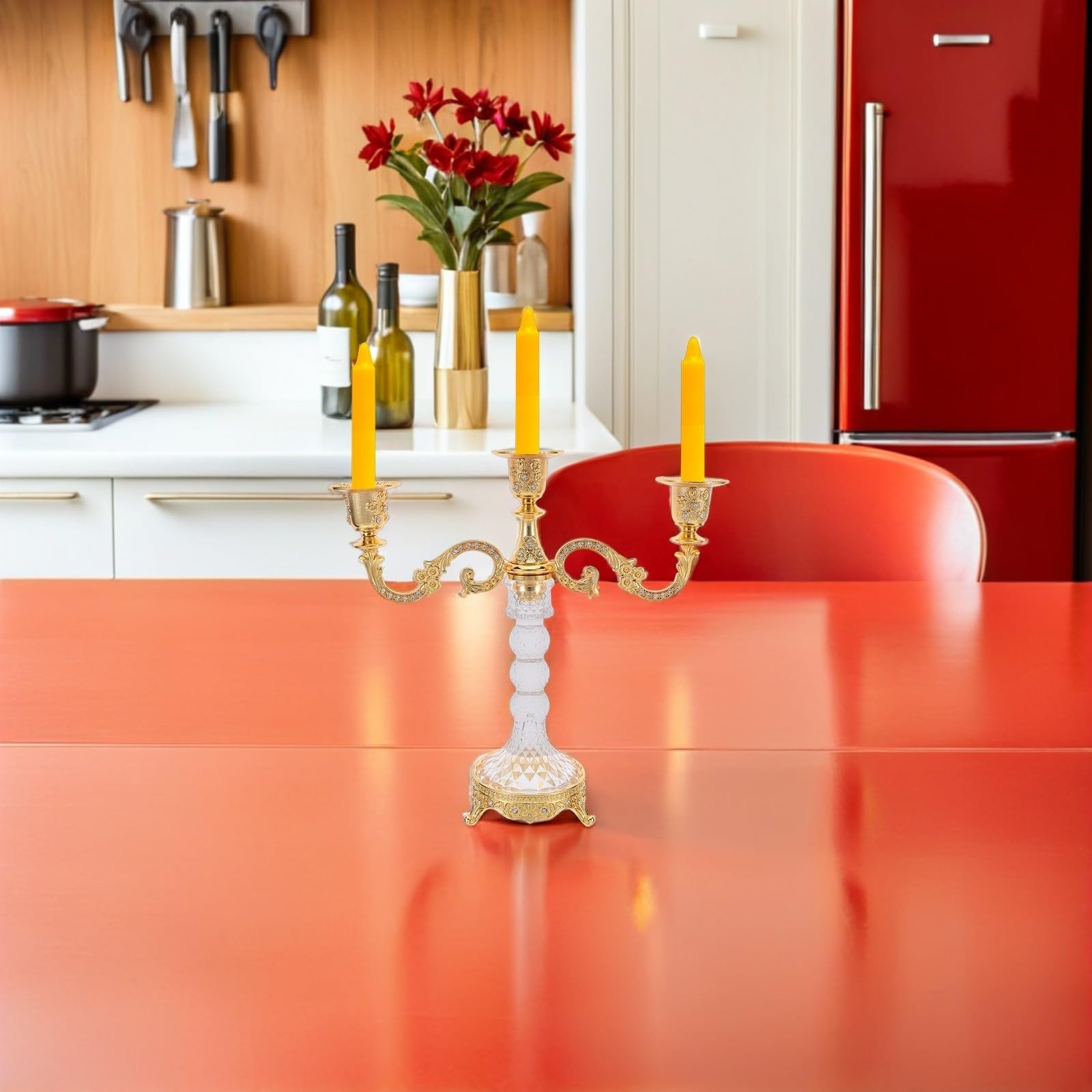 Cabilock Goldener aus Aluminiumlegierung und Glas 3 Armiger Kandelaber mit Romantischem Kerzenlicht zur Thanksgiving und Weihnachtsfeier für Festliche Tischdekoration