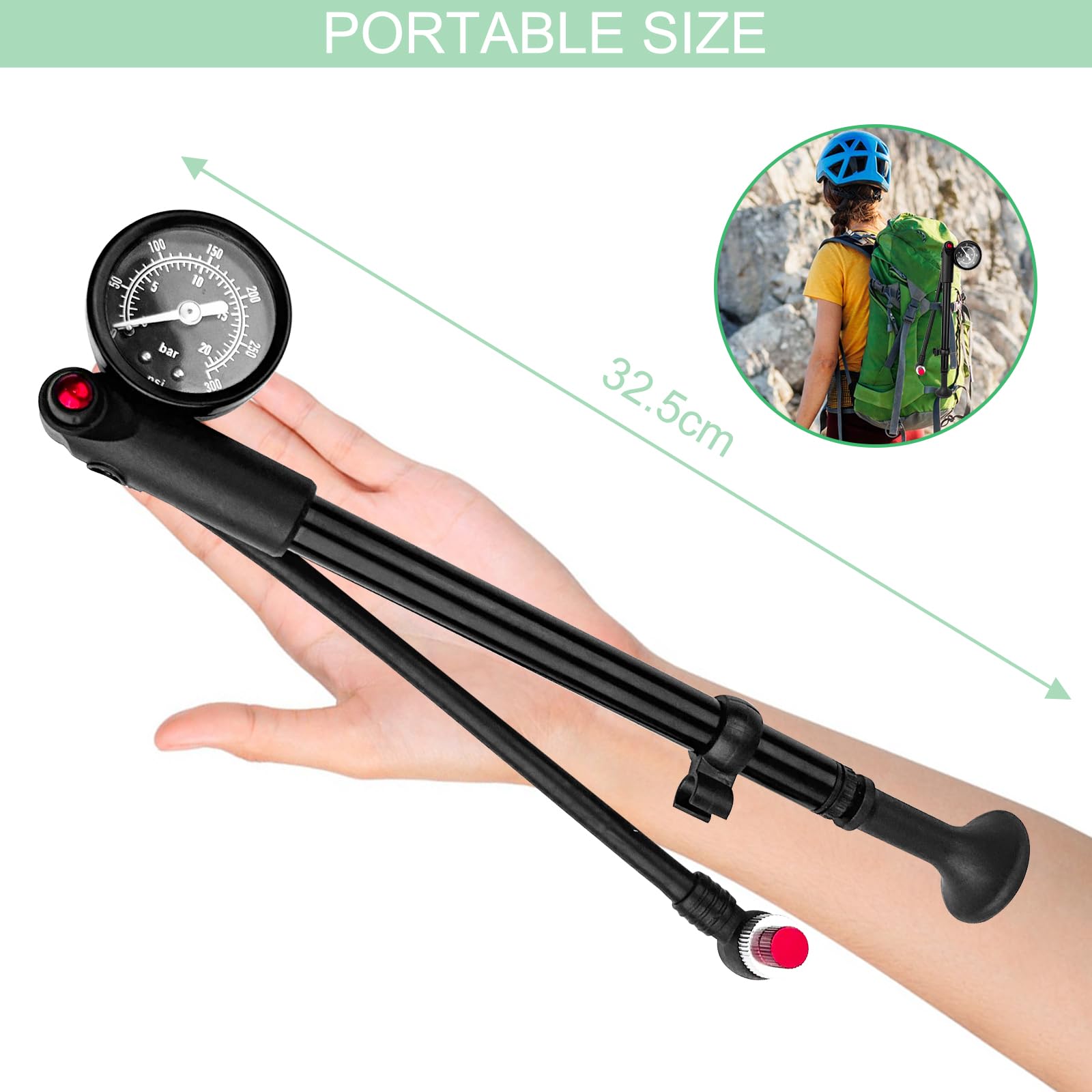 Maxentico Pompe à Vélo (Max 300 PSI), Mini Pompe Velo avec Manomètre, Pompe à Choc Haute Pression VTT, Pompes Amortisseurs avec Baromètre, Pompe à Fourche, Pompe Portable avec Bouton de Purge
