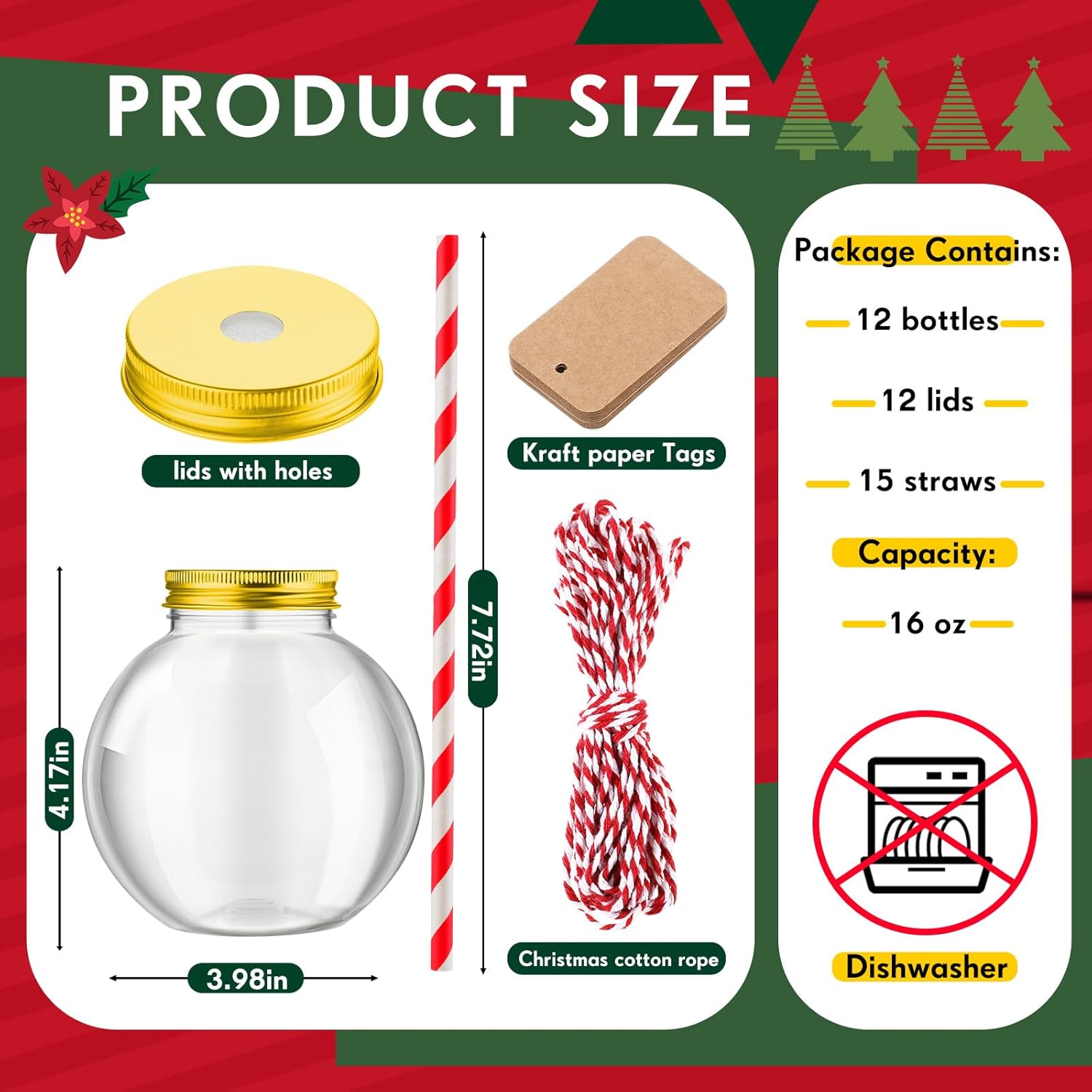 Yaomiao 12 Pcs 16 oz Christmas Ornament Cups for Drink Empty Plastic Clear Fish Bowl with Lids and Straws Spherical Bottles Bulk for Holiday Cocktails Fishing Party Decorations Candy Gift