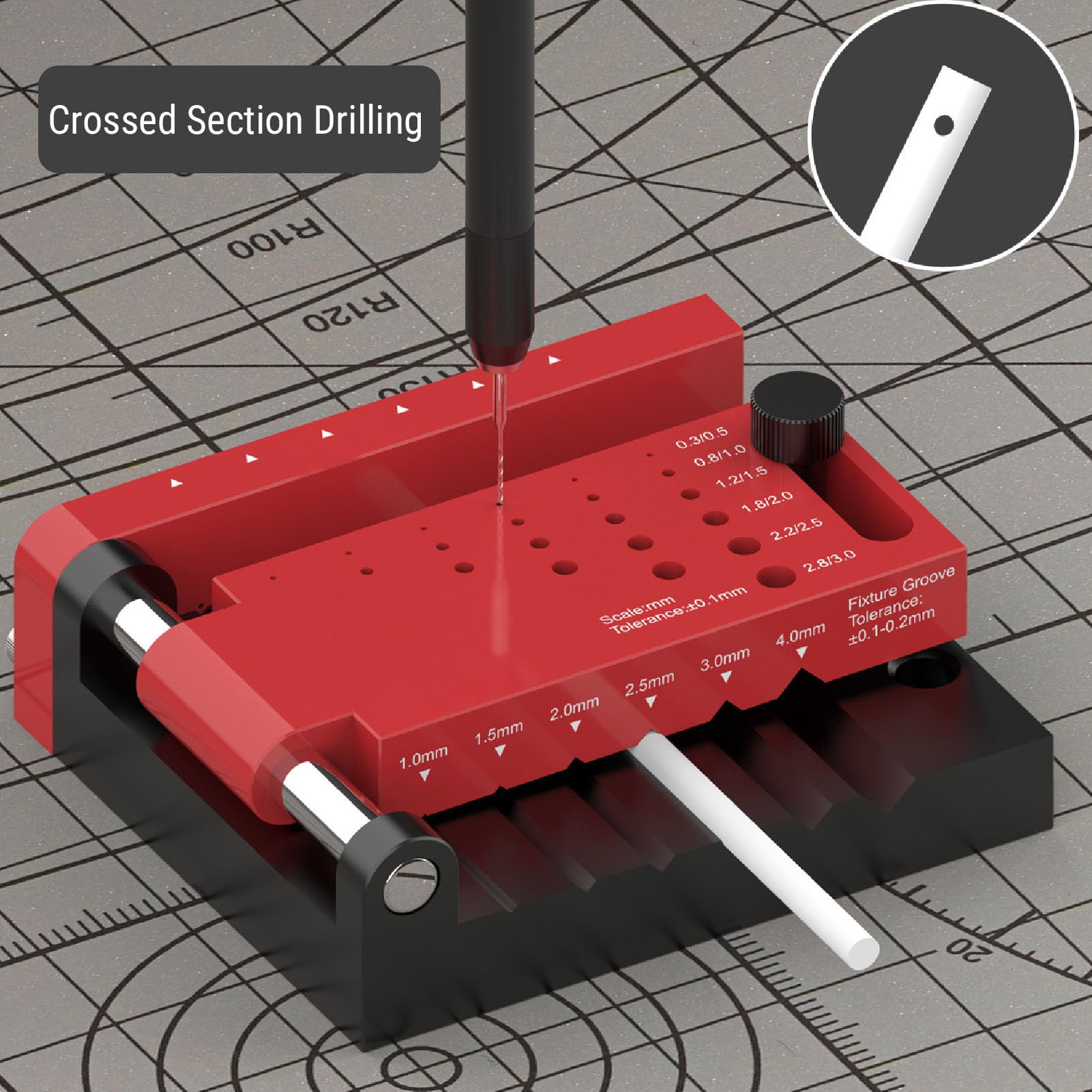 Fockety Localizzatore centrale per barre tonde, guida di foratura regolabile, posizionatore portatile per fori per strumenti di modellismo, modifica fai de te di figure
