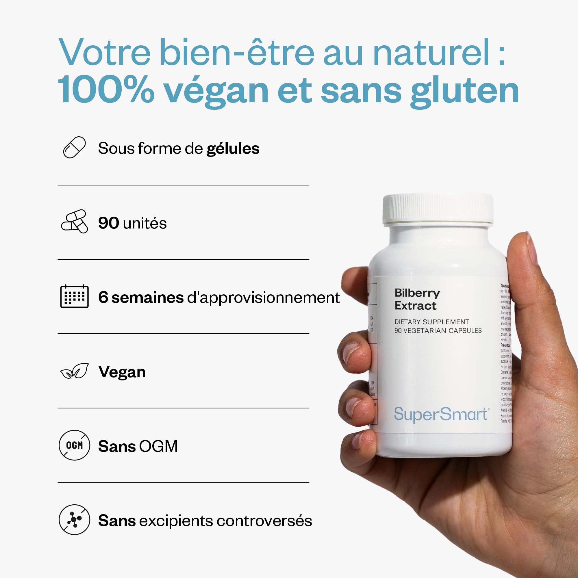 Bilberry Extract - Extrait de Myrtille - Santé des yeux - Standardisé à 25% d'Anthocyanosides - Contribue à la Santé Vasculaire - Antioxydant - Vegan - Sans Gluten - SuperSmart