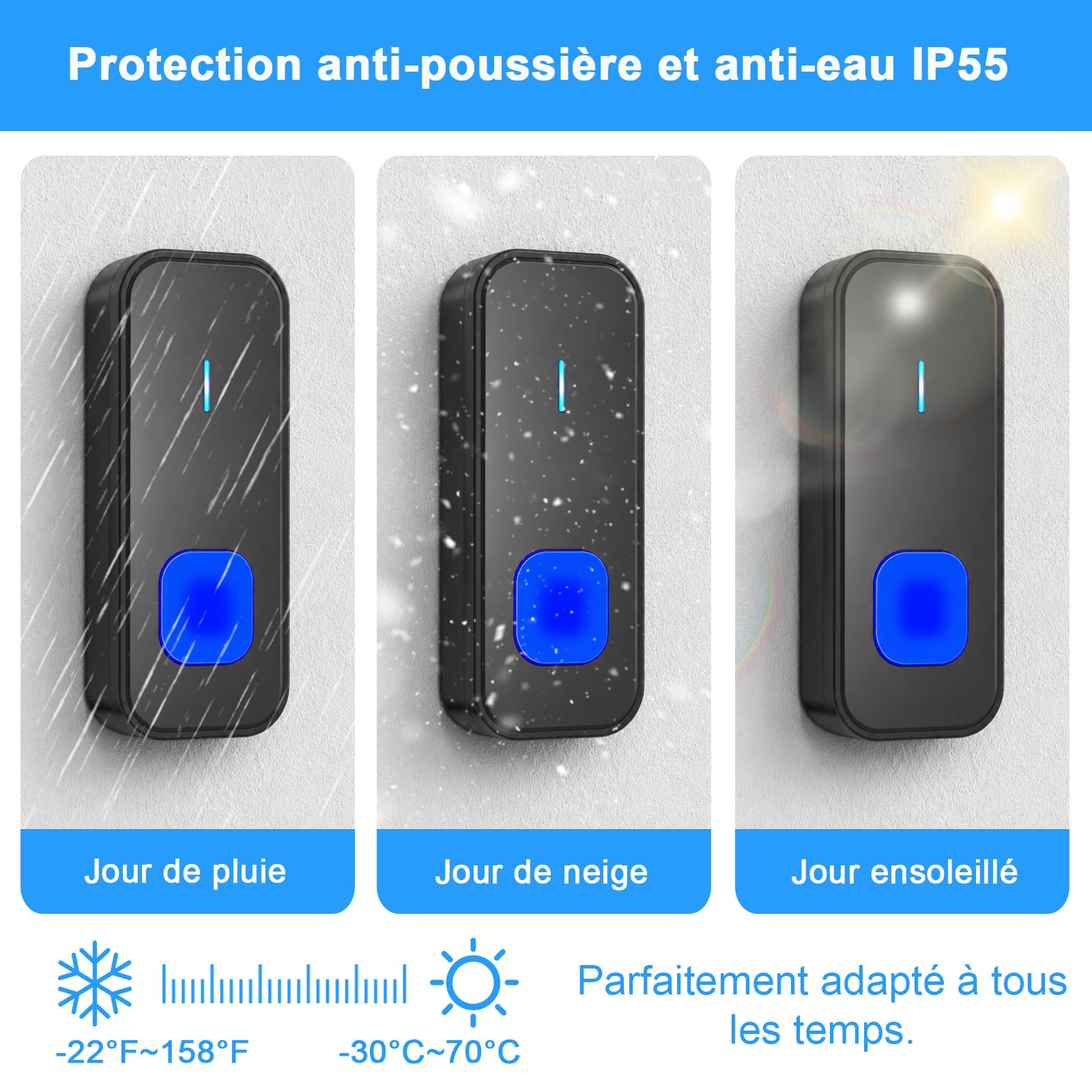 AIMAX Sonnette sans fil avec 3 émetteurs et 4 récepteurs, longue portée 400 m, étanche IP55, 55 sonneries, 5 niveaux de volume avec clignotement LED, installation sans fil, noire