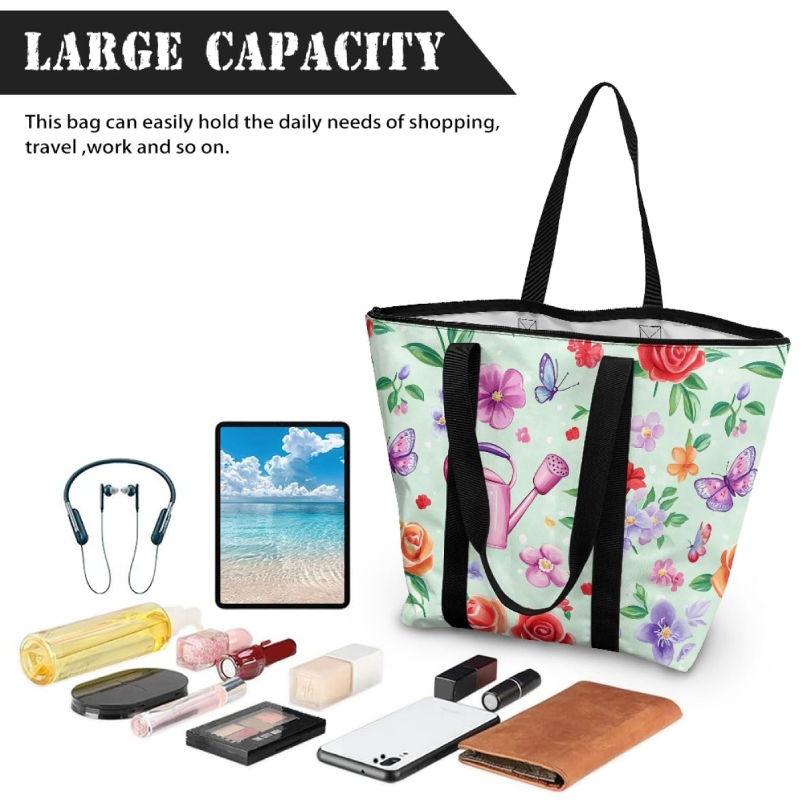 Tote Bag Tela Bolsas de Tela Poliéster Bolso de Mano de Mujer Reutilizable Bolsa Compra Plegable Tote Bag Cremallera Bolso Viaje Duradero Totebag