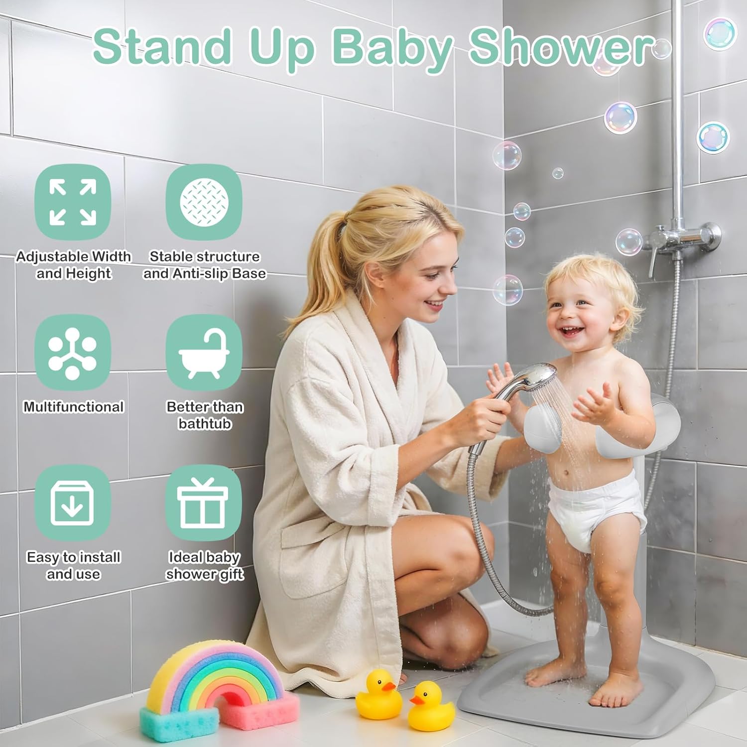 Baby Shower Standing Support with Anti-Slip Base and Shower Head Holder, Adjustable Height/Width Baby Bath Stand, Easy to Install and Use Toddler Stand Up Shower Rack for 6-36 Months, Gray Gray Non-foldable