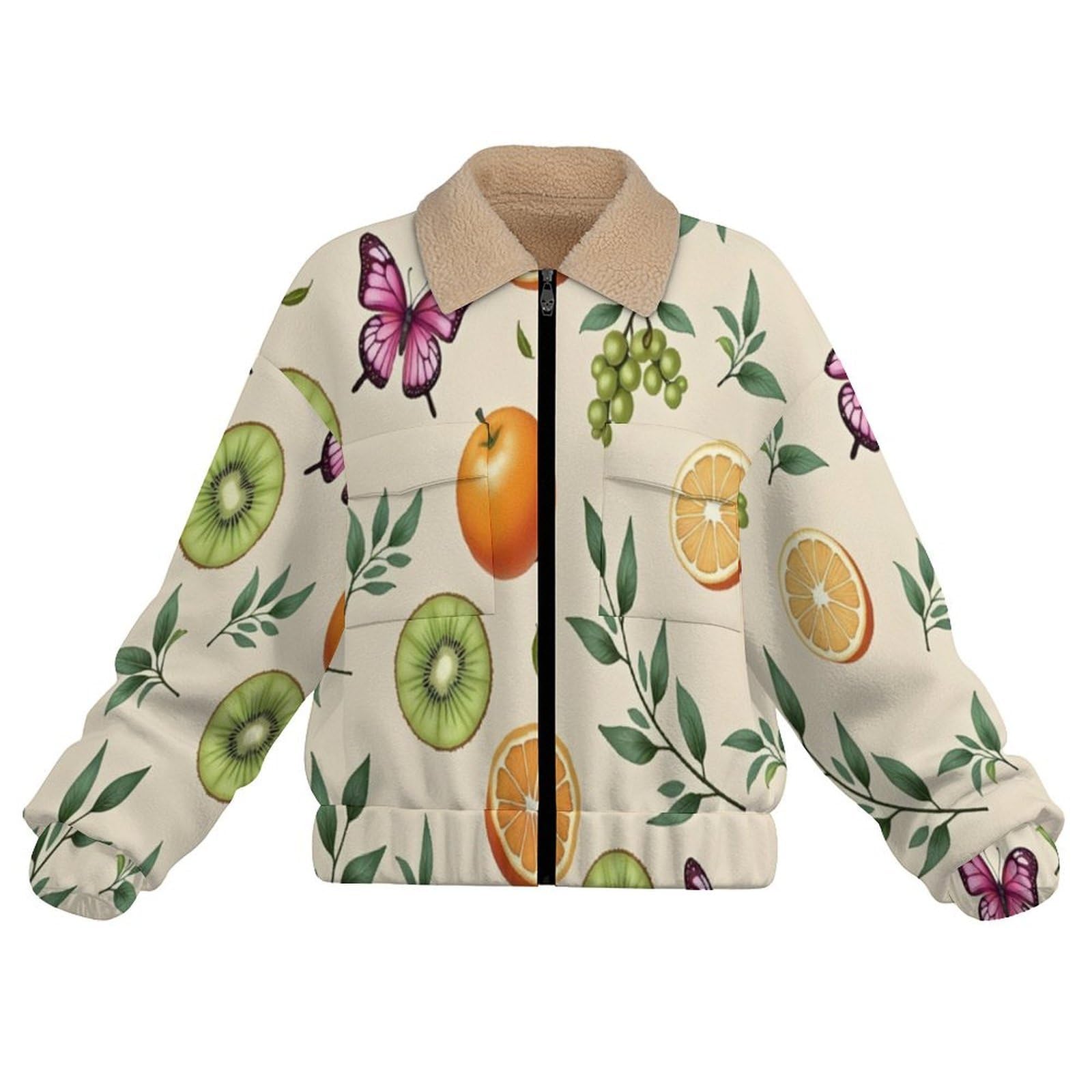 Giacca da Donna Pile con Zip, Giacche Giacca Foglie frutta Teddy Versione, Loose del Arte delle piante Cappotto a Maniche Lunghe Autunno e Inverno Caldo Cappotto