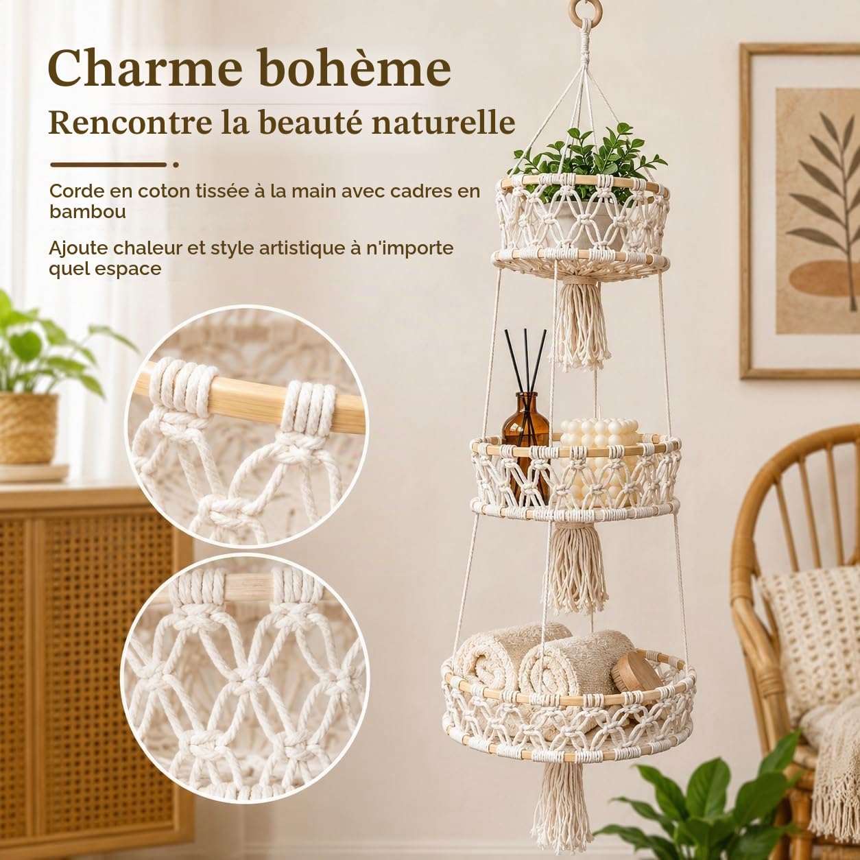 2 Pièces Panier à Fruits Suspendu 3 Niveaux, Ø 20/25/30 cm, Beige | Corbeille à Fruits Suspendue en Corde de Coton, pour Cuisine, Salon, Salle de Bain, Chambre à Coucher, 110 cm