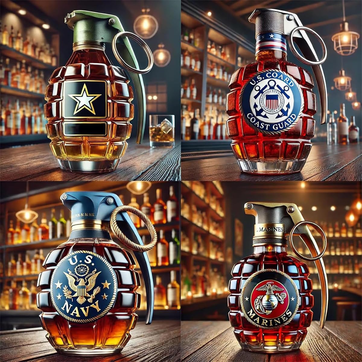 Bouteille de whisky militaire en forme de grenade à la main, verre gravé en forme de grenade à la main, bouteille de vin et de whisky de collection, idée cadeau parfaite pour vétéran (type D)