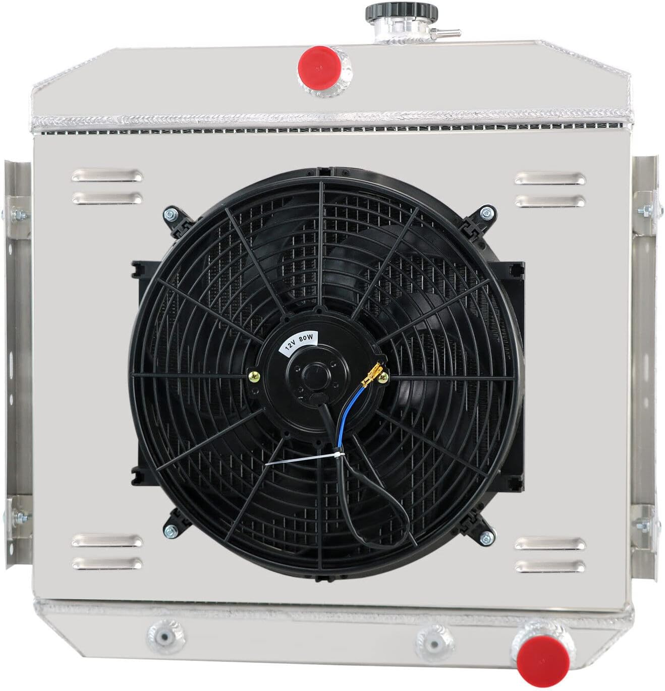 All Aluminum CC5056 Radiator for 1955-1957 56 Chevy Bel-Air, Del Ray Nomad, One-Fifty & Two-Ten Series, L6 V8 Engines 3 Row Core Radiator with 14" Fan w/Shroud Kit