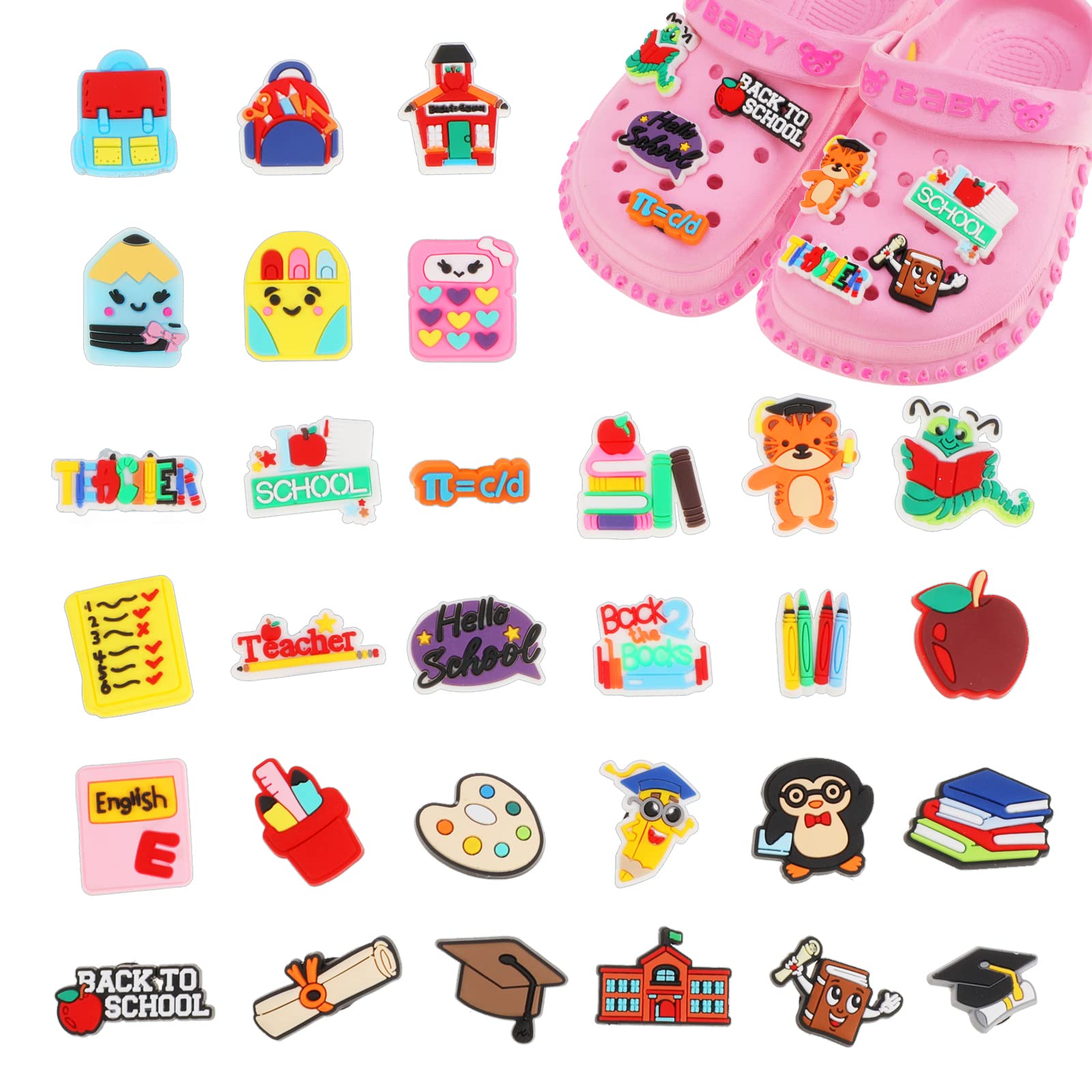 30PCS Adornos de Zapatos de Vida Escolar, Back to School Encantos de Zapatos, Lindo PVC Decoración para Clog Sandals, Favores de Fiesta Regalo de Graduación para Niñas Niños Mujeres Hombres