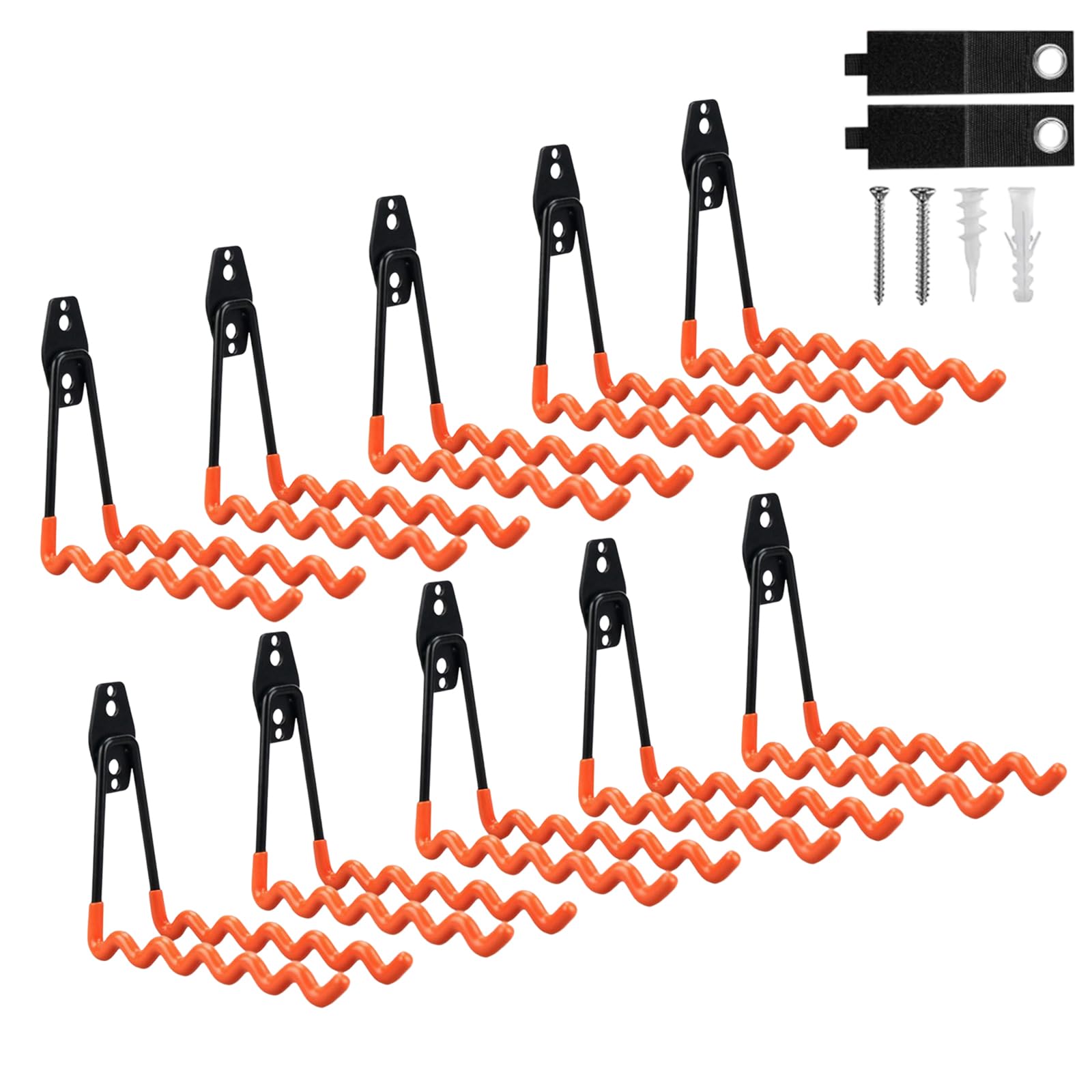 Paquete de 10 ganchos de garaje resistentes con revestimiento antideslizante, ganchos ondulados de acero para colgar cuerdas, bicicletas, herramientas de jardín, mangueras y más (naranja)