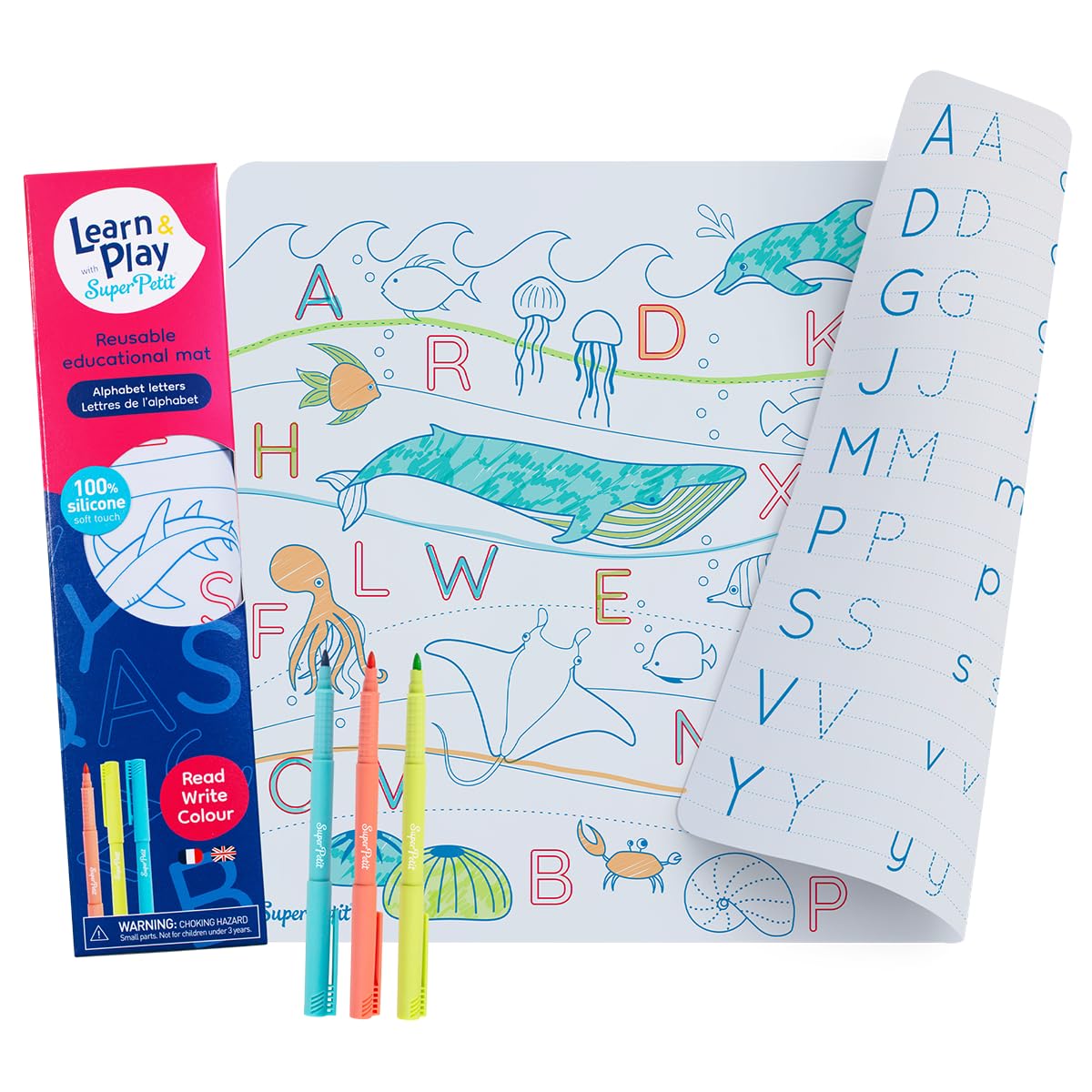 SUPER PETIT Reversible Educational Set Letters of the Alphabet 100% Silicone  3 Erasable and Reusable Colouring Pens  Bilingual French English Version  Montessori Method  Set 40 x 30 cm