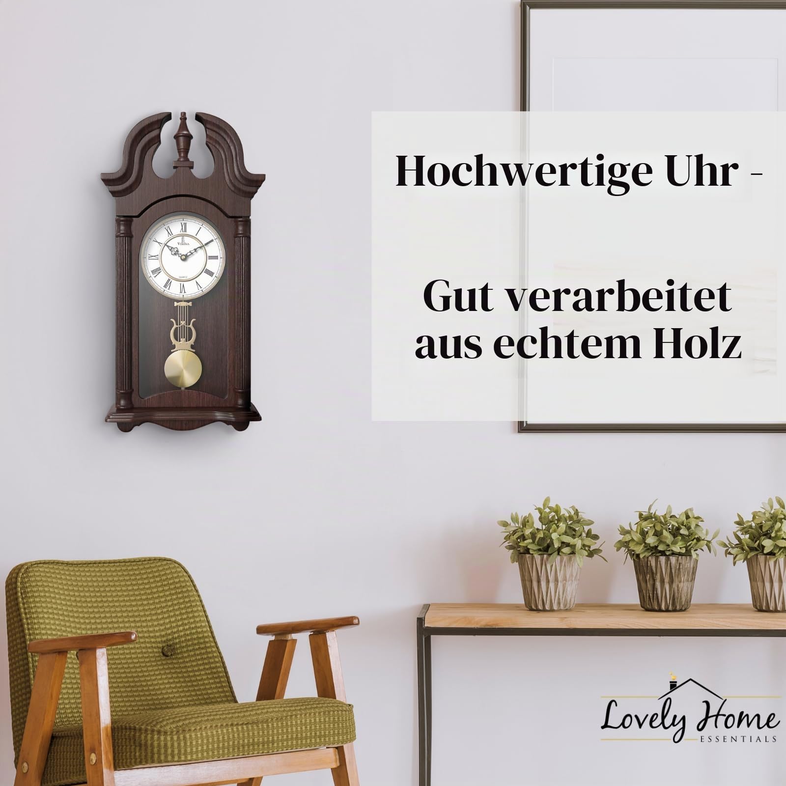 Pendel-Wanduhr, batteriebetrieben, hölzerne hängende Großvater-Wanduhr mit Pendel, 59,7 x 22,9 cm, leise, nicht klingelnd, mit Echtholz für Wohnzimmer-Dekor, Büro und Heimdekoration, Geschenk