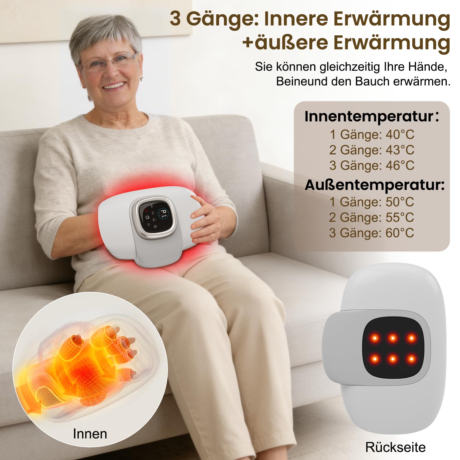 Handmassagegerät, Hand Massager mit 3 Gänge Airbag Kompression, Handgelenk Massagegerät mit Speicherfunktion, Massage Hand mit Rotes, Blaues und Grünes Licht, Interne Externe Wärme, Schmerzen lindern