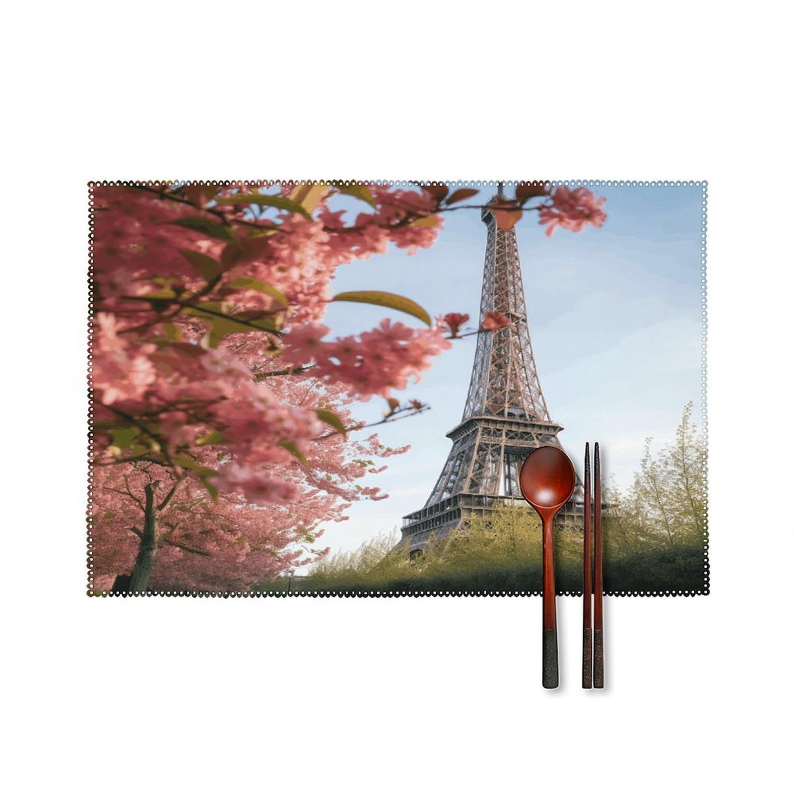 Paris Eiffel Tower Flower Placemats Washable Canvas Place Mats Decoration Placemat for Dining Table Easy to Clean Tables Mat Set of 6 for Kitchen Dining Room Coffee Table