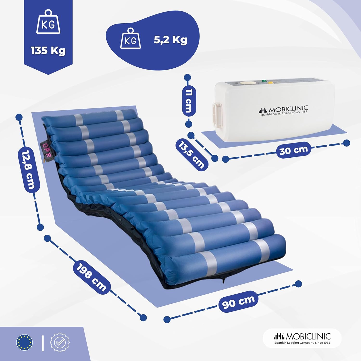 Diagram showing dimensions of the Mobiclinic Pro Mobi 3 mattress (198x86x12.8 cm) and compressor weight (5.2 kg).