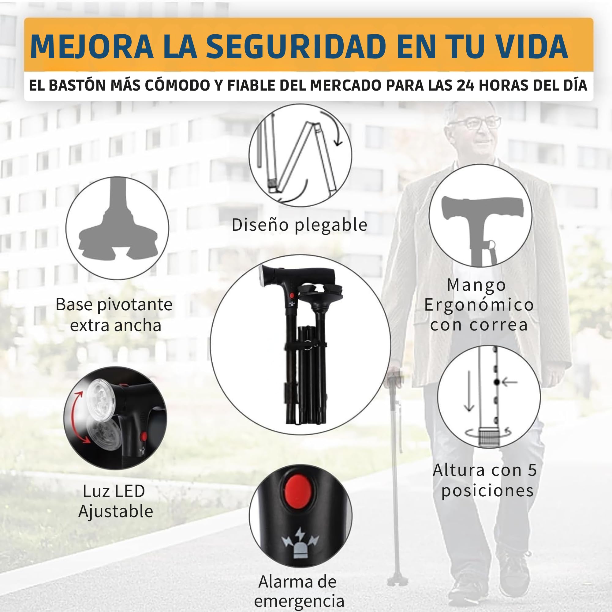 SMARTIA - Bastón Plegable con Alarma y Luz LED, Bastón para Mayores con Base Antideslizante y anticaidas, Altura Ajustable a 5 Niveles, Bastón para Mujer y Hombre, Materiales de 1ª Calidad