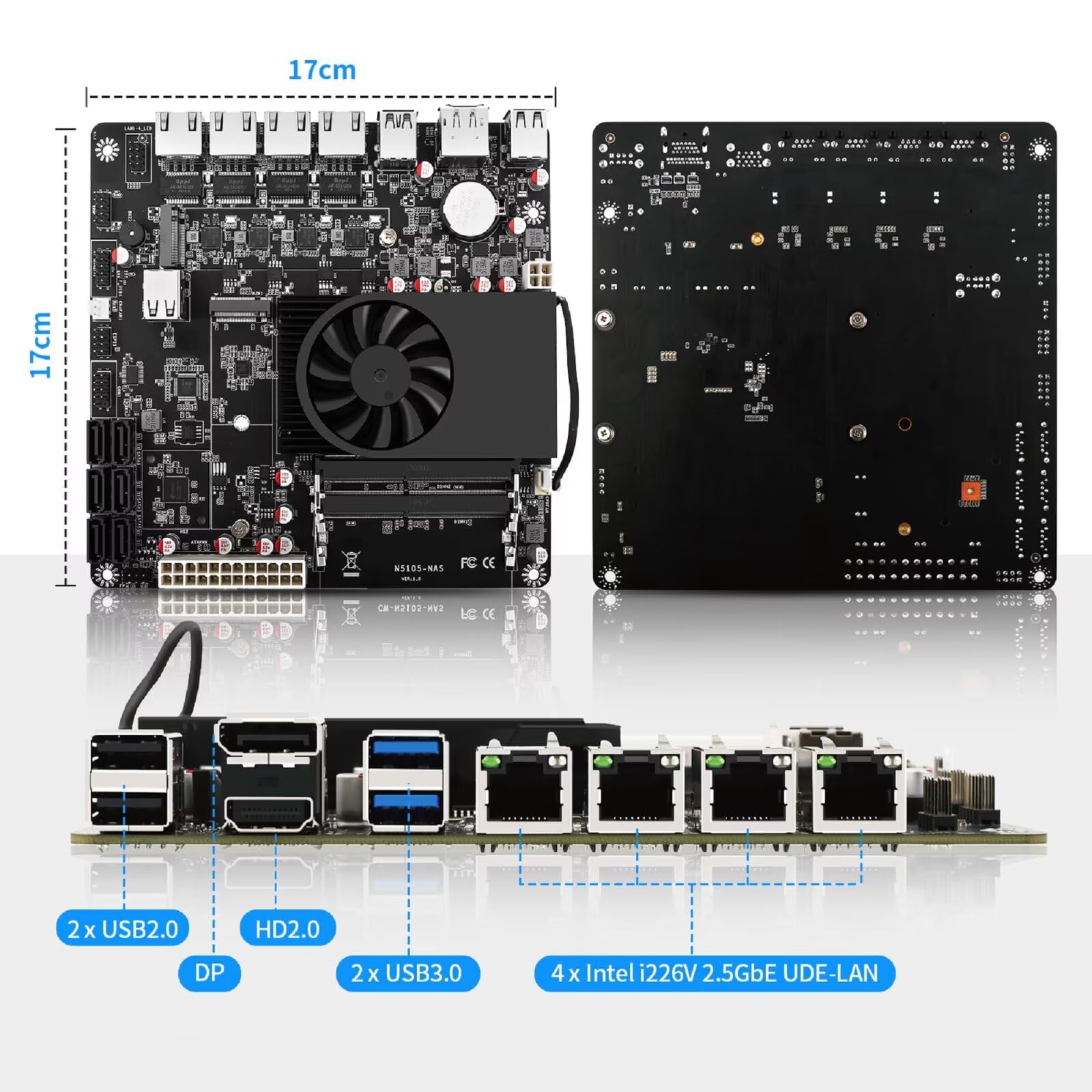 N6005 NAS Motherboard 6 Bay, 4 x i226V 2.5GbE LAN Mini PC ITX Mainboard, Barebone No RAM No SSD, 2 x DDR4, 2 x NVMe Slot, HD + DP 4K Dual Display, DC 19V