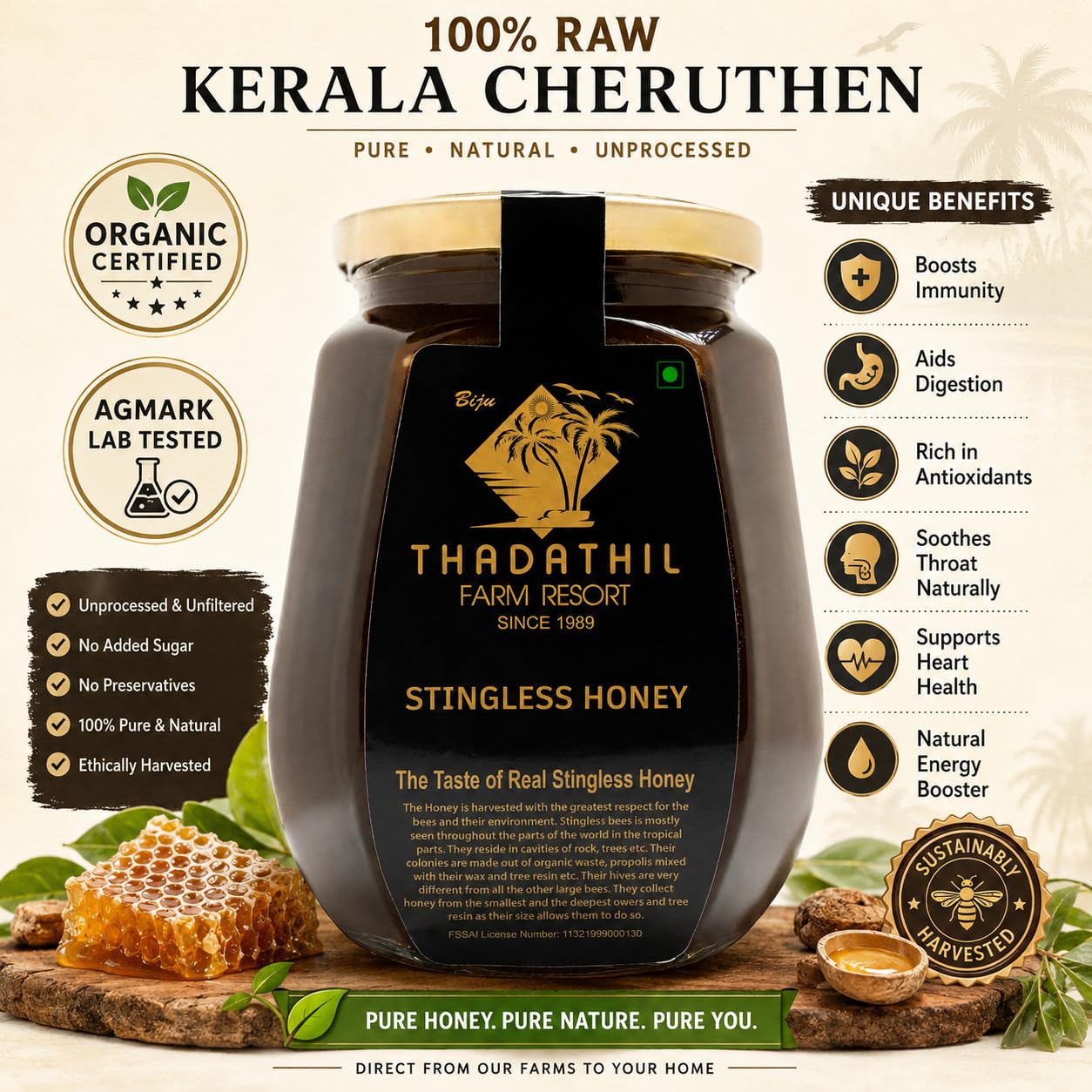Thadathil Stingless Bee Honey 1Kg | Lab Tested & Organic Certified