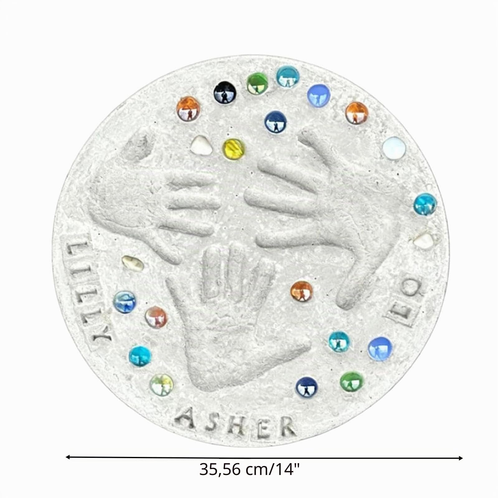 Runder Trittstein aus Beton selber machen, Komplettset für Hochzeit & Geburtstag, inkl. Buchstabenstempel & Glassteine (35cm)