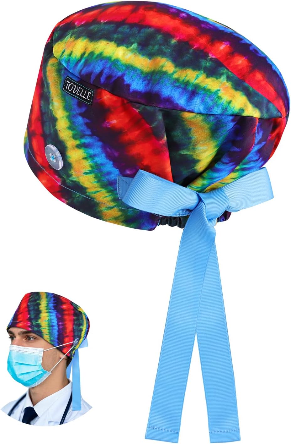 Euro Style Scrub Caps for Women Men with Buttons, Scrub Hat with Ribbon