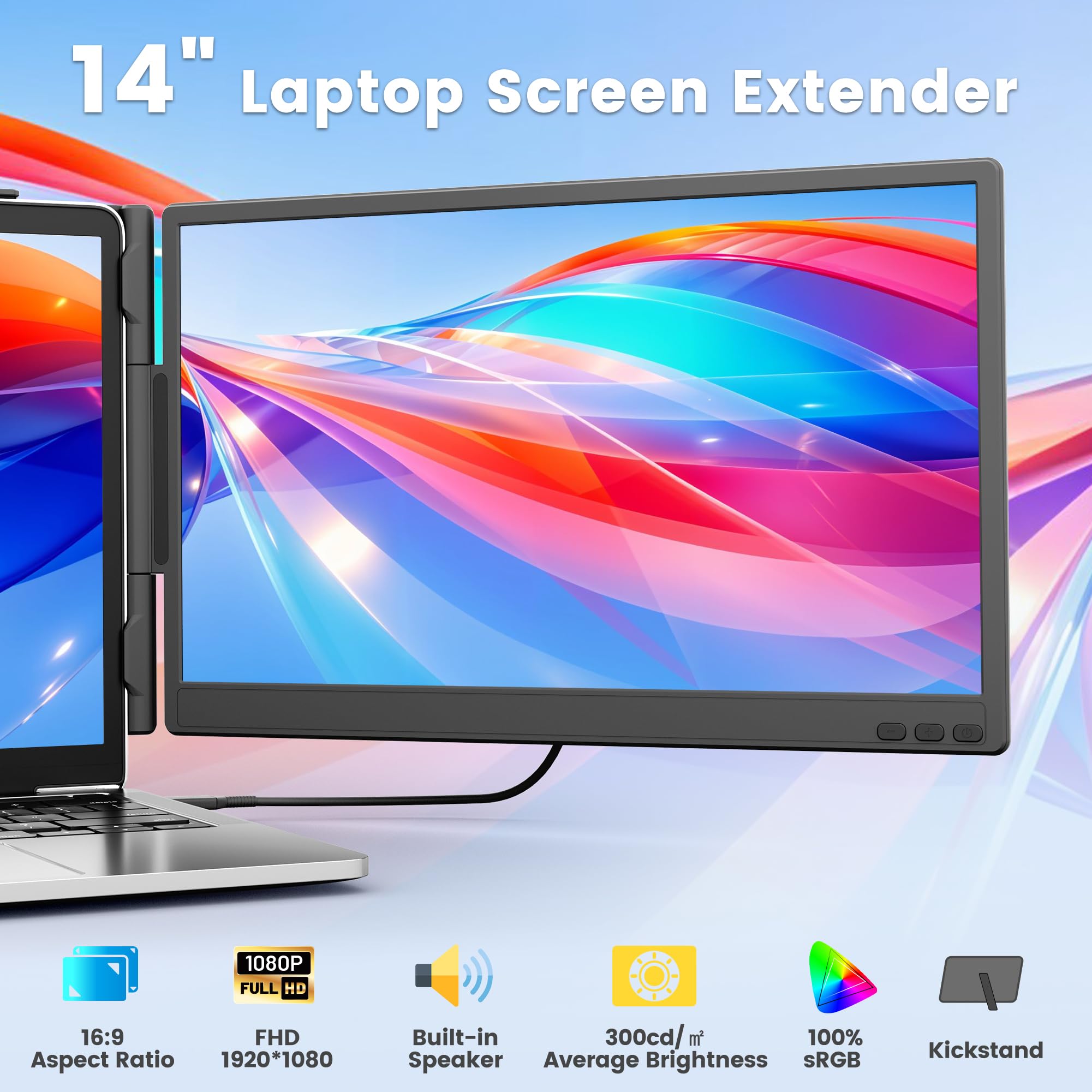 domyfan Przedłużenie ekranu laptopa 14", ultracienki FHD 1080p IPS Dual Portable Laptop Monitor Extender do laptopów 13-17", Plug & Play z HDMI/USB-A/Typ-C, kompatybilny z Windows, Mac, Android