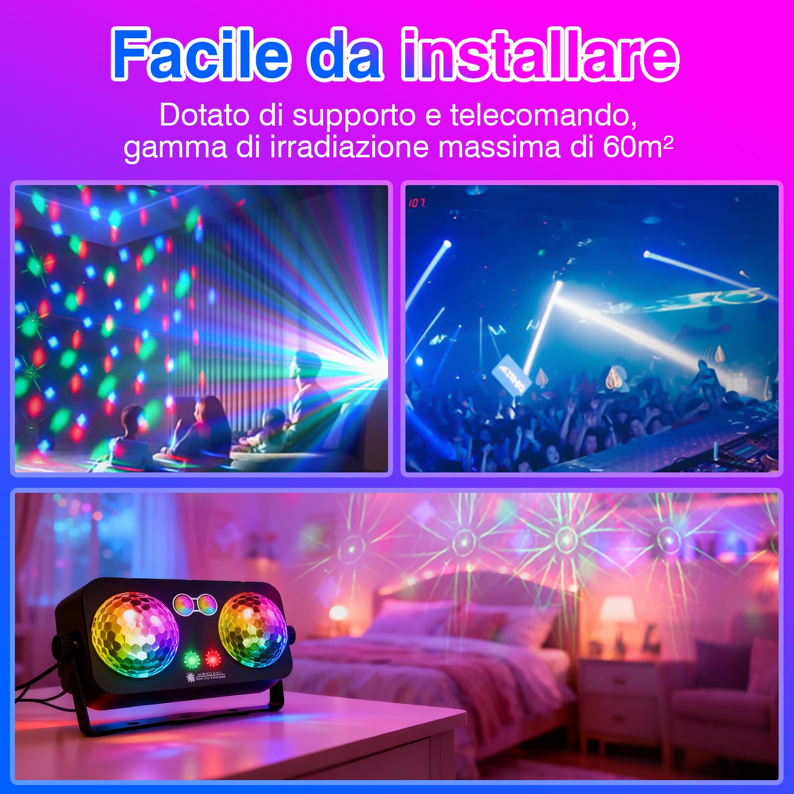 Tomshine 6 in 1 Lampada Festa Doppia Disco Ball – Luce DJ/Scenica Attivata dal Suono, 64 Motivi HD, UV, Strobo, Timer e Telecomando per Compleanno, Matrimonio & Decorazione