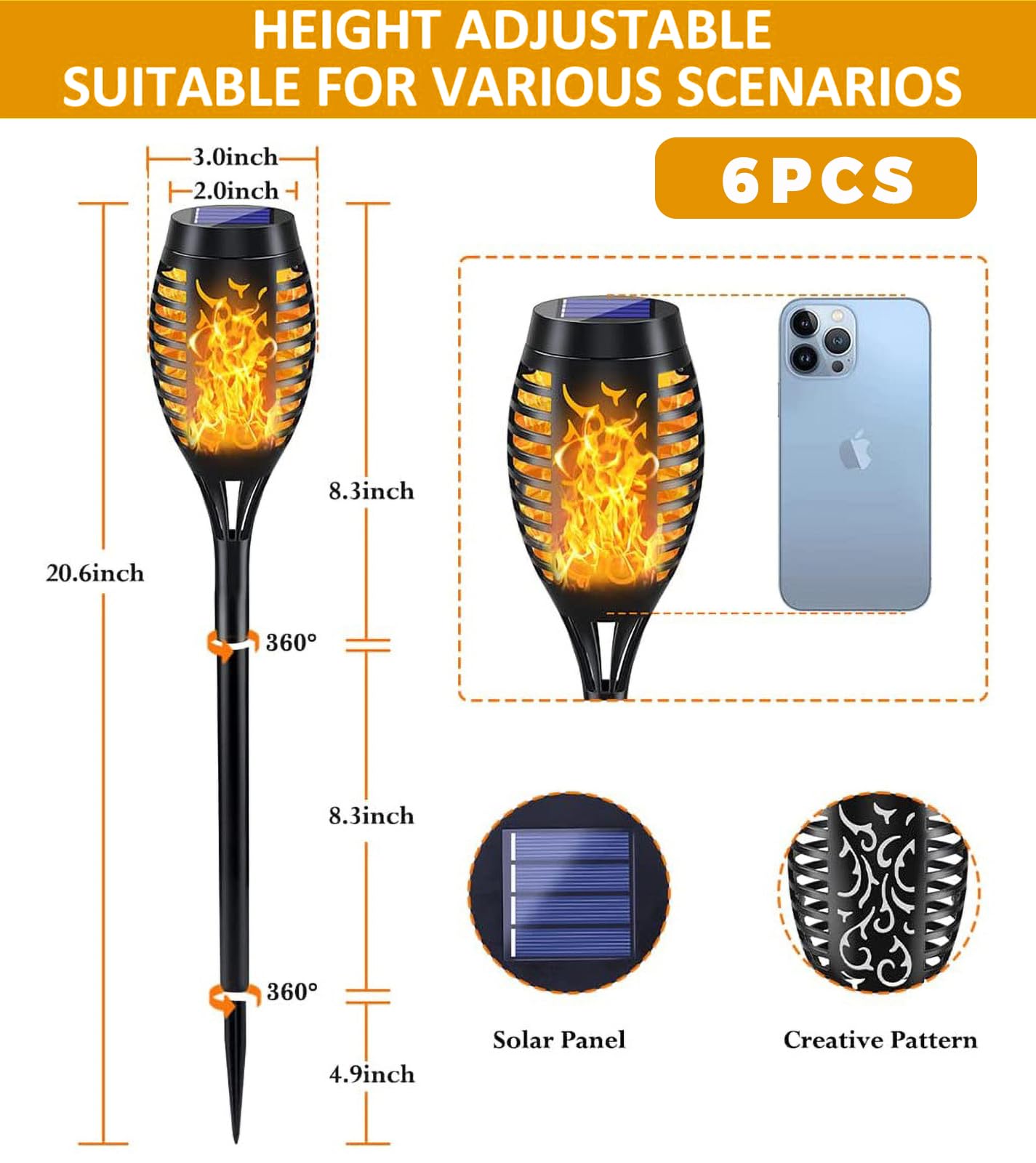 Lámparas solares para exteriores, antorchas solares para exteriores, 6 unidades de luz solar de llama, IP65 resistente al agua, iluminación solar para jardín, exterior, patio trasero, iluminación de