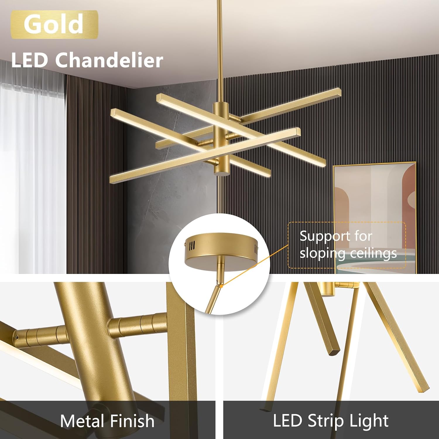 Modern Gold Chandelier Light Fixtures: 2 Pack LED 4-Light Sputnik Dining Room Chandeliers Linear Pendant Lights Fixture Over Table Dimmable with Remote for Kitchen Island Living Room