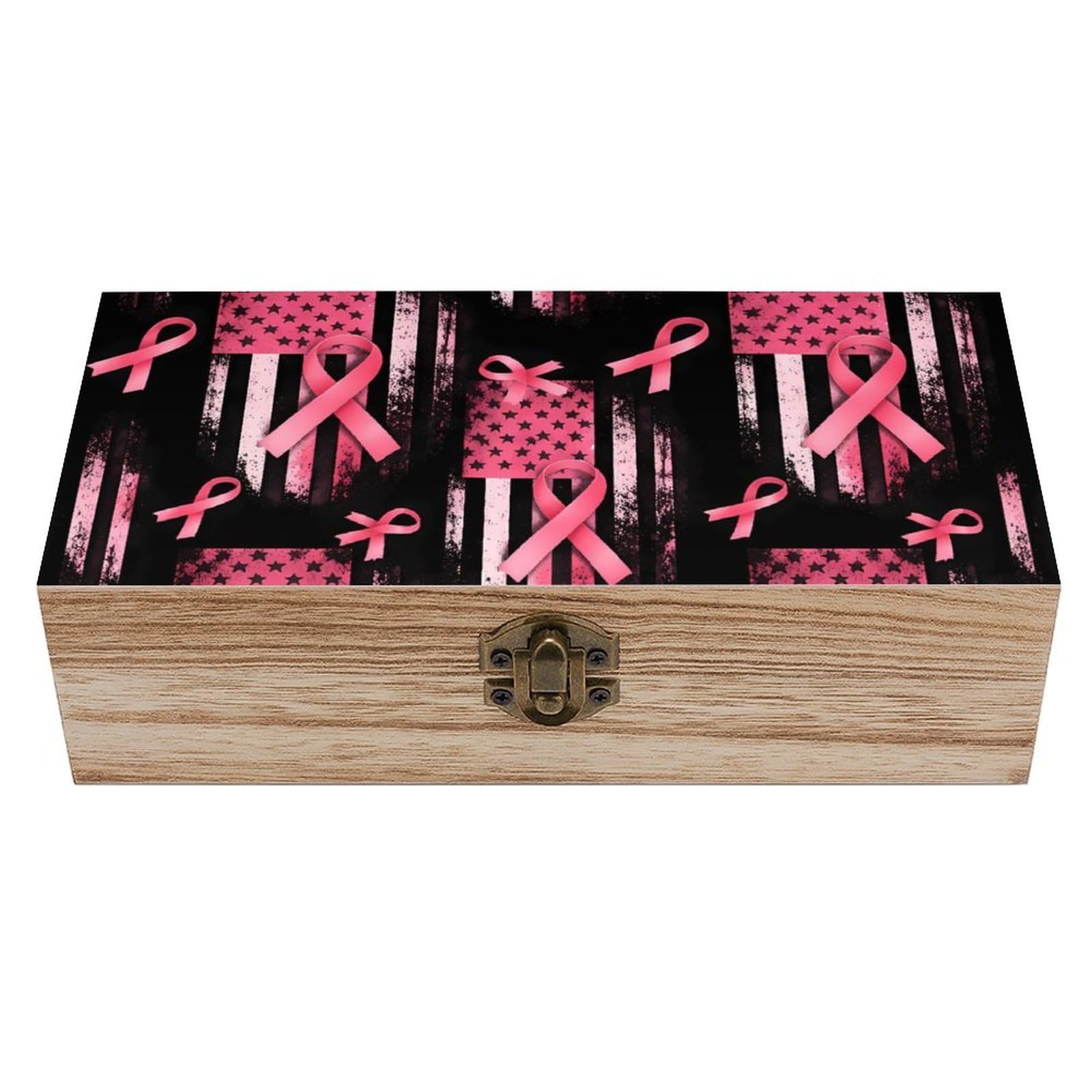 HLBSDM Pink Ribbon Breast Cancer Awareness Symbol Hearts Wooden Storage Box