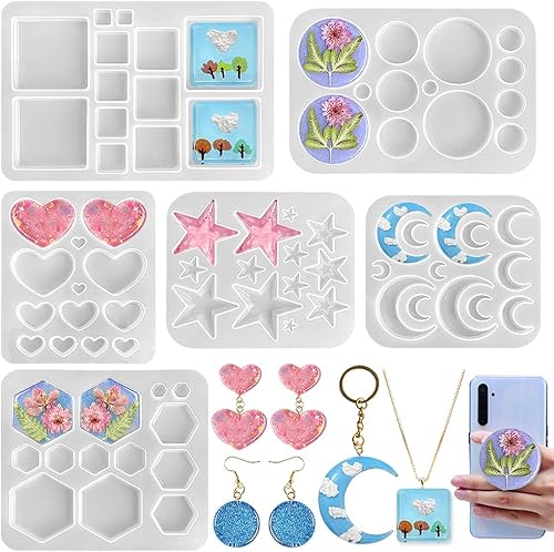 RESINWORLD Moldes de resina para aretes moldes de aretes colgantes de perno hexagonal redondo luna pentagrama cuadrado corazón pequeños moldes de