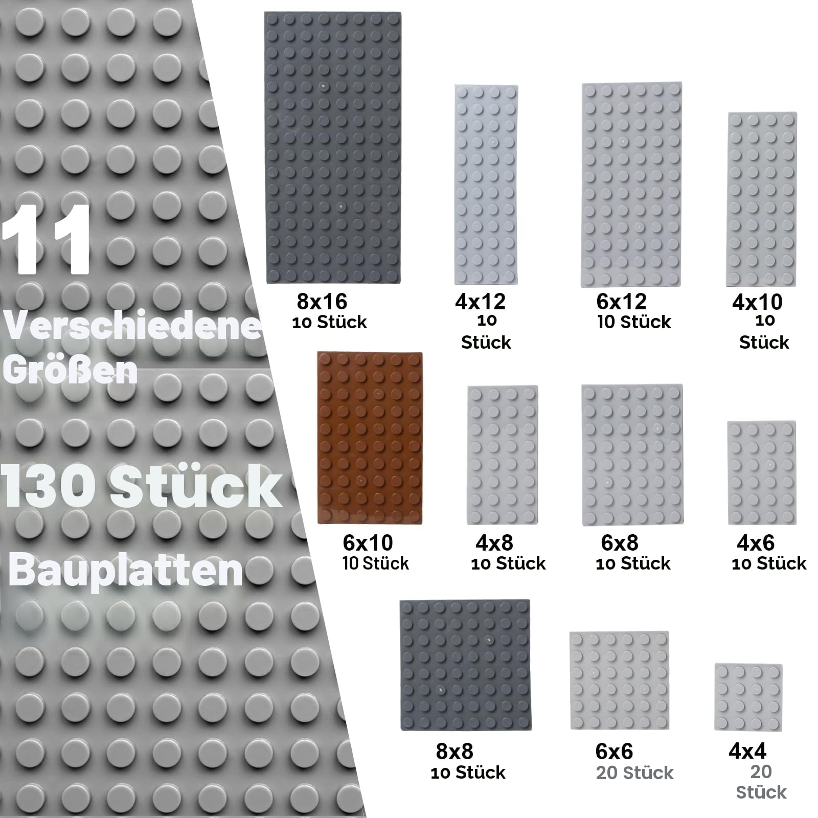 Cabeeskii 130PCS Platten Set Bauplatte in 11 Größen 3 Farben, Classic Bausteine Grundplatte Kompatibel mit Meisten Marken, Building Platte Set (Dunkelgrau, Hellgrau, Braun)
