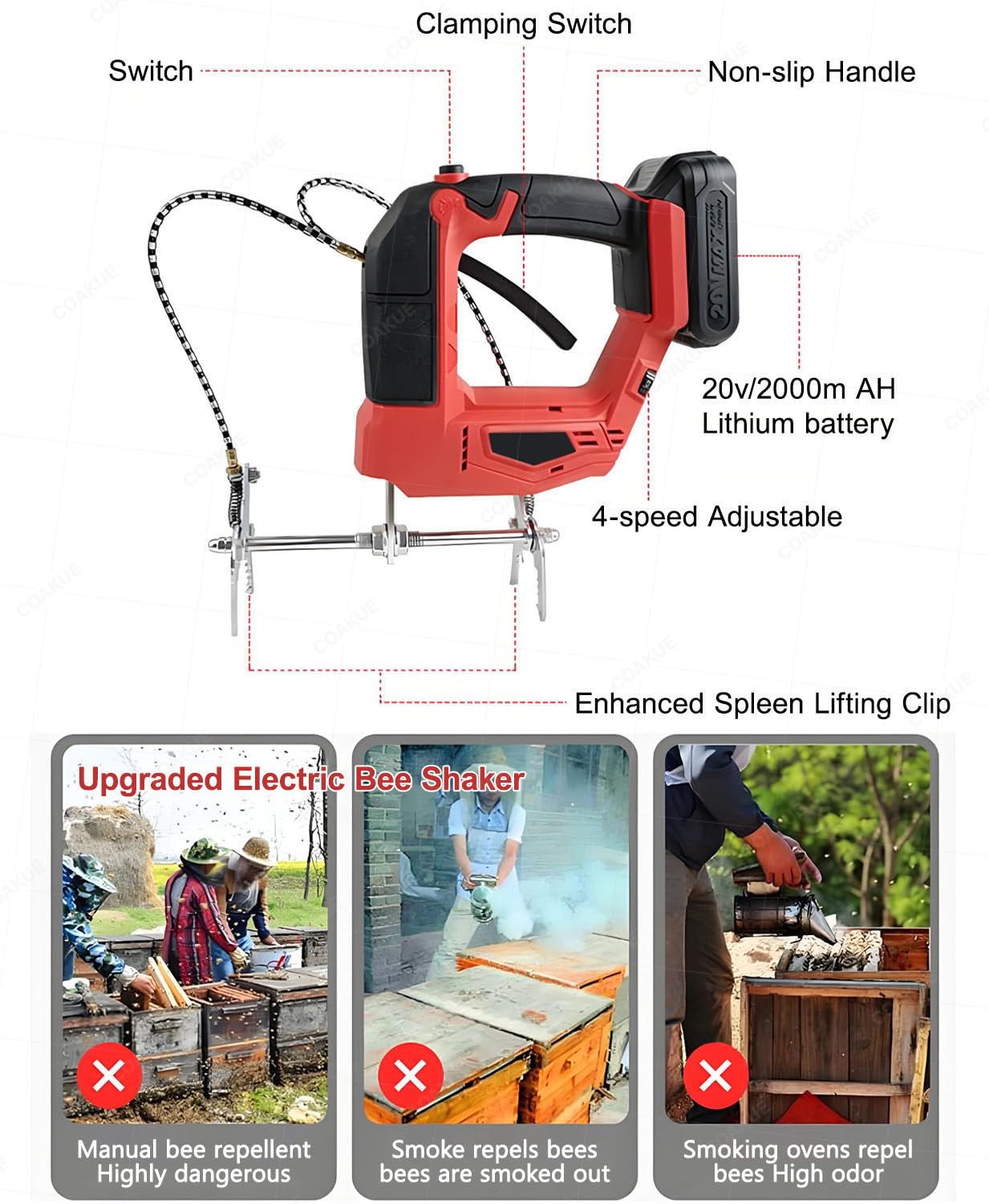 Macchina per scuotimento dell'arnia Senza Fili a 4 velocità, 20 V 2700 Giri/min, scuotitore Portatile Ricaricabile per telaini per api mellifere con batterie e Scatola di immagazzinaggio Red