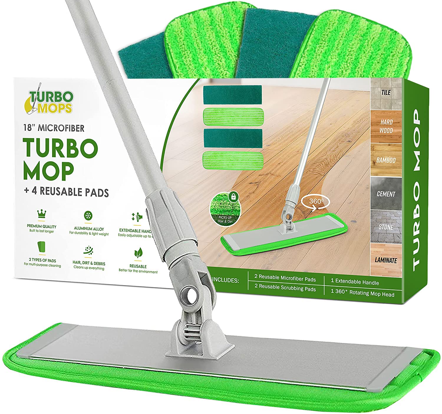 turbo microfiber mop floor cleaning system - 18-inch dust mop with 4 reusable pads for hardwood and tile 360-spin floor mop head amp extendable handle - household cleaning tools