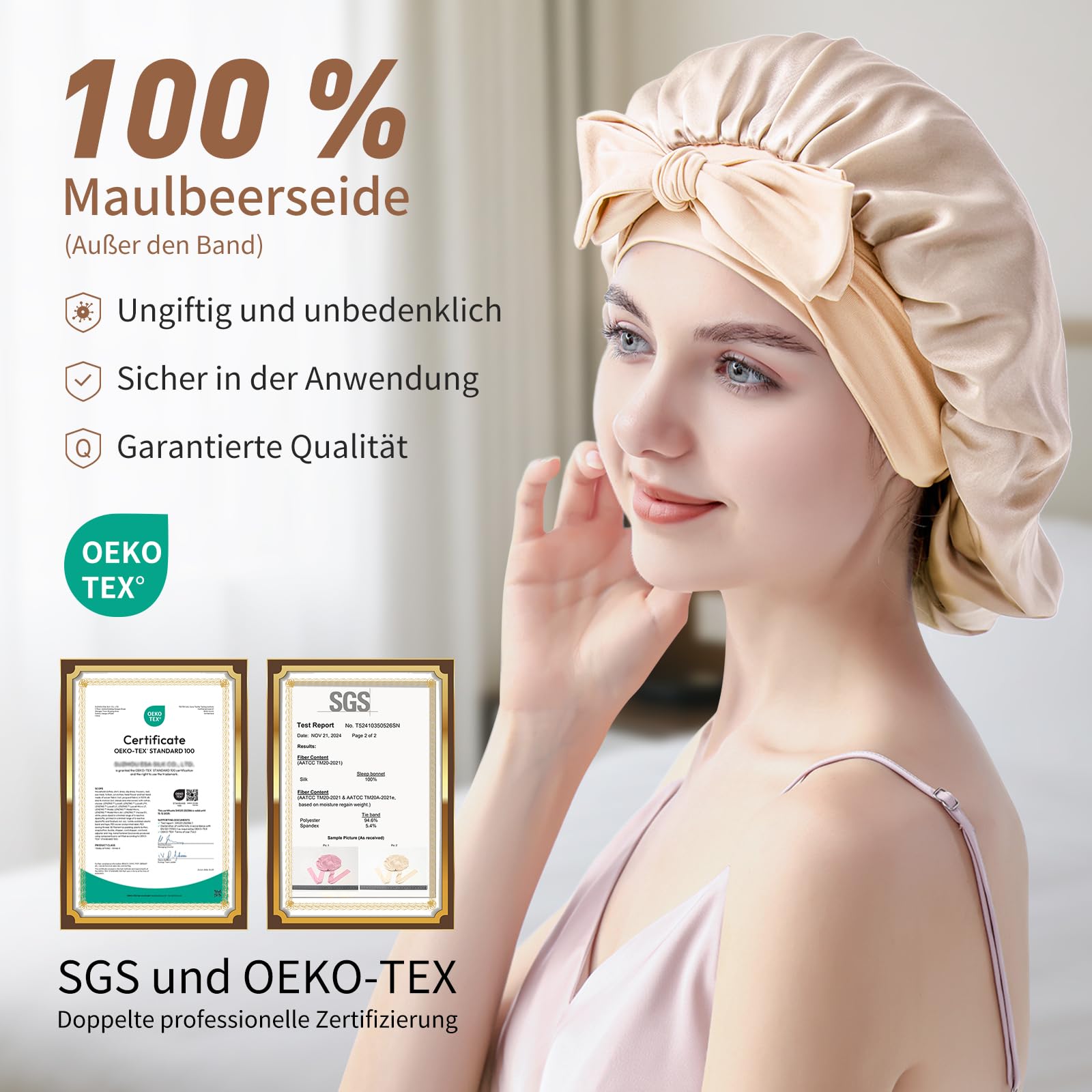 Seidenhaube zum Schlafen, 100% Maulbeerseide Haarhaube, 22 Momme Doppellagig Beidseitig Nutzbar, Schützt Haare im Schlaf, zum Schlafen für Langes Haar and Locken