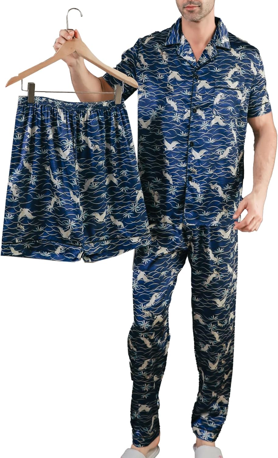 Men's Satin Pajama Set Short Sleeve Silky Pajamas Pants 3PCS Button Down Sleepwear Multicolor Silky Men's Pajama Set