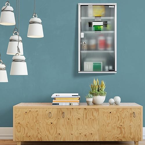 Miniatura 5 de Armario de pared de primeros auxilios con cerradura, botiquín montado en la pared, gabinete médico colgante con puerta de vidrio de seguridad para