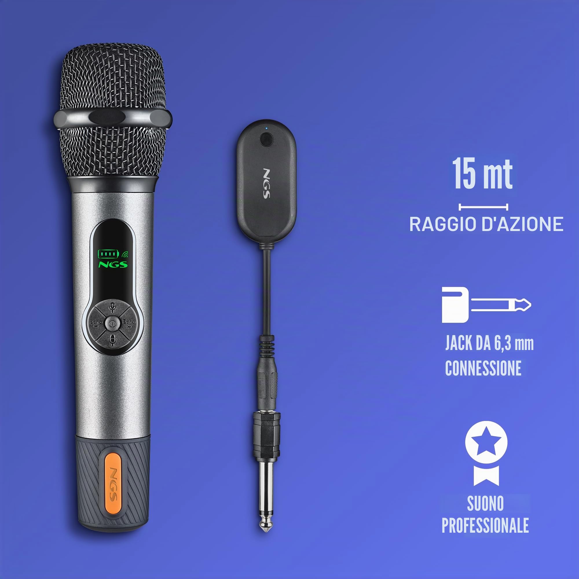 NGS Singer Star Duo – Pacchetto 2 microfoni wireless dinamici 2,4 GHz, autonomia 30 h, controllo volume ed eco, indicatore batteria, jack 3,5 mm e 6,3 mm, Karaoke ed eventi