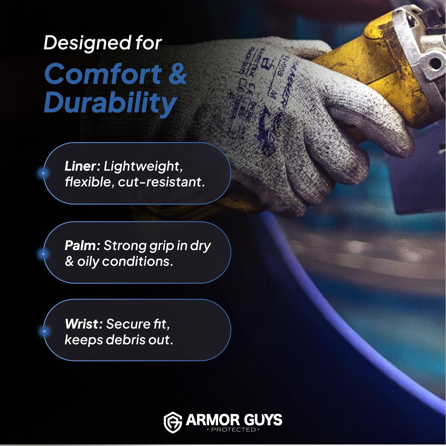 Armor Guys Hammer Head 2 Basetek - Guantes de trabajo resistentes - ANSI A2 resistentes a los cortes, revestimiento de poliuretano para un agarre superior - Ideal para construcción, automoción y