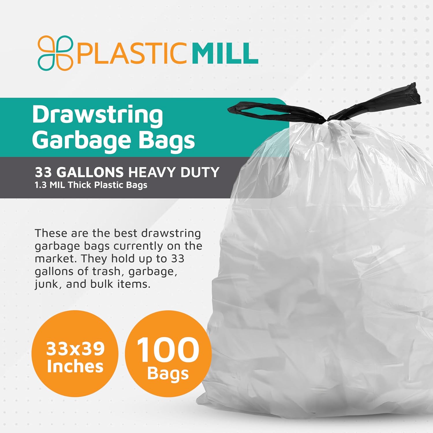 PlasticMill Drawstring Trash Bags - Clear Garbage Bags - Plastic Trash Bags - Tall Trash Bags, Trash Can Liners - 33-Gallon Large Kitchen Trash Bags, 0.9 Mil, 33"x39" (100-Count)