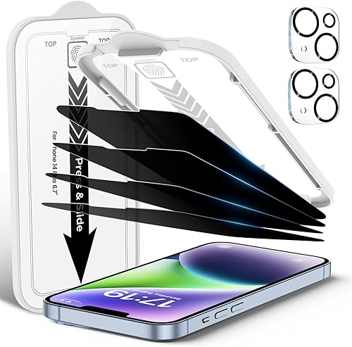 EZ-GLAZ Paquete de 4 protectores de pantalla de privacidad para iPhone 14 Plus 6.7 pulgadas con 2 protectores de lente de cámara, protección contra