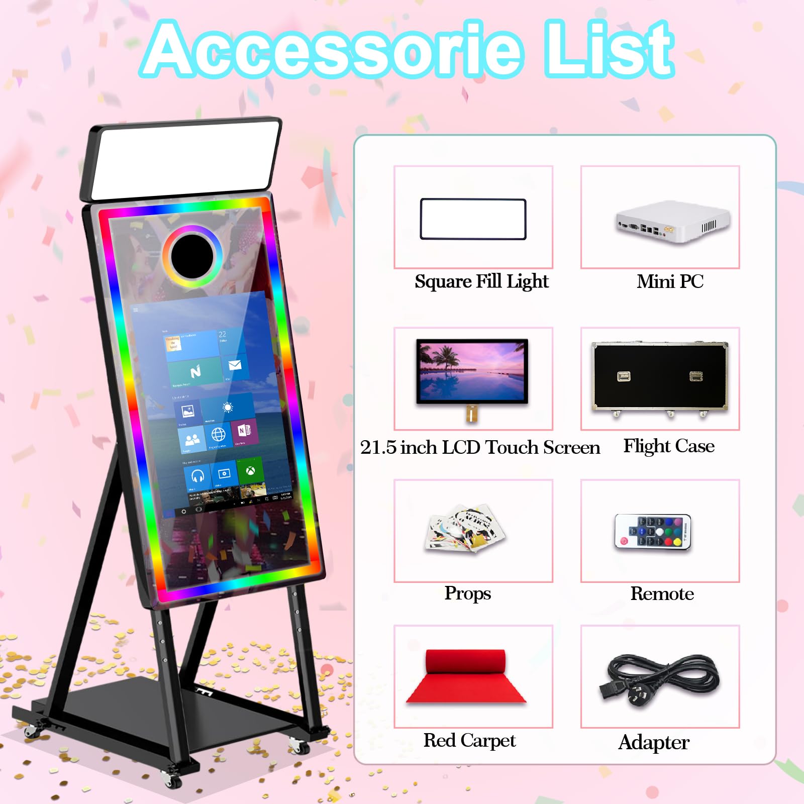 Macchina fotografica a specchio da 101,6 cm con touch screen interattivo da 21,5", con custodia da viaggio, mini PC integrato con stampa istantanea e condivisione per Natale, matrimoni, eventi, feste