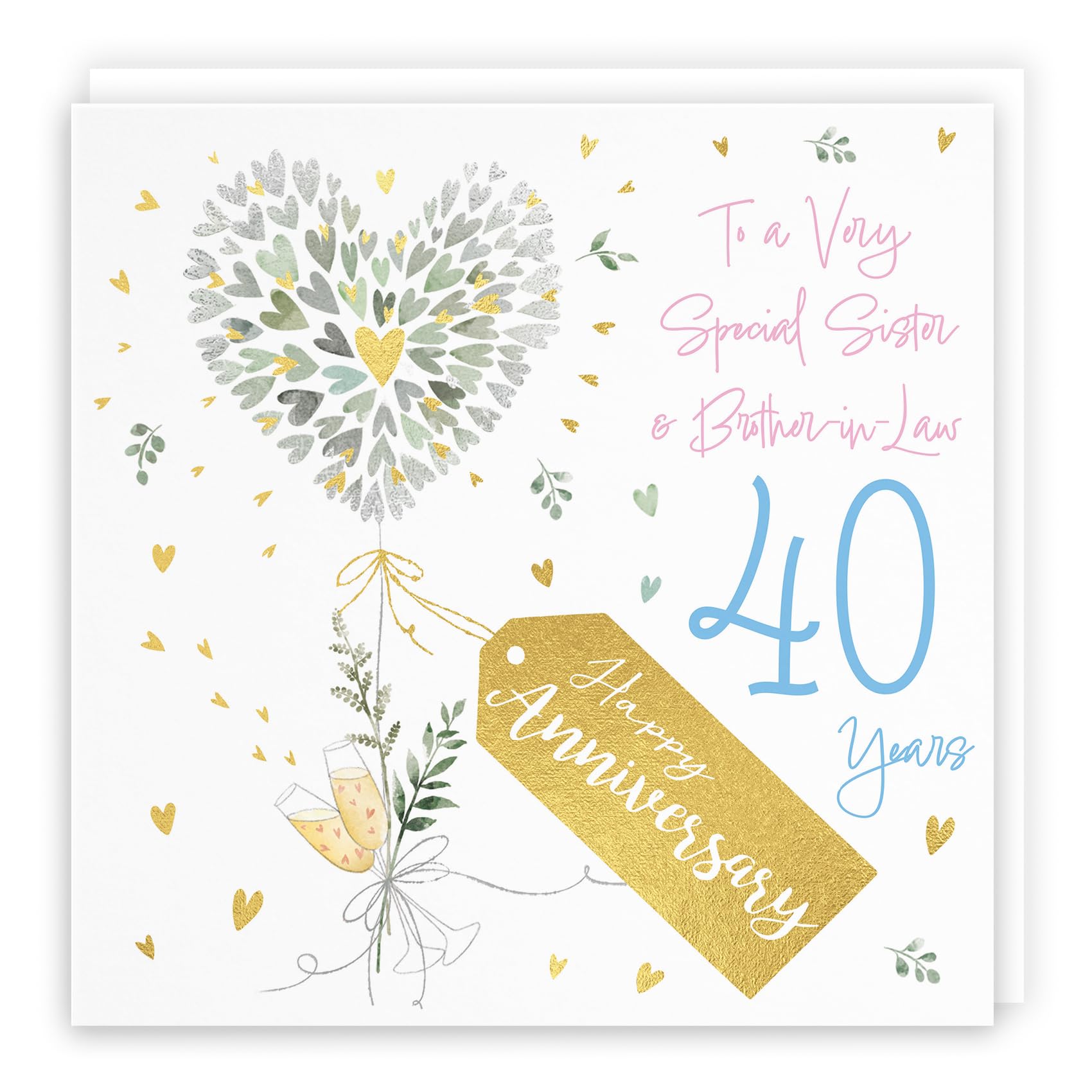 Hunts England, Sister And Brother-in-Law 40th Anniversary Card, 40 Years, Contemporary Hearts, Gold Foil