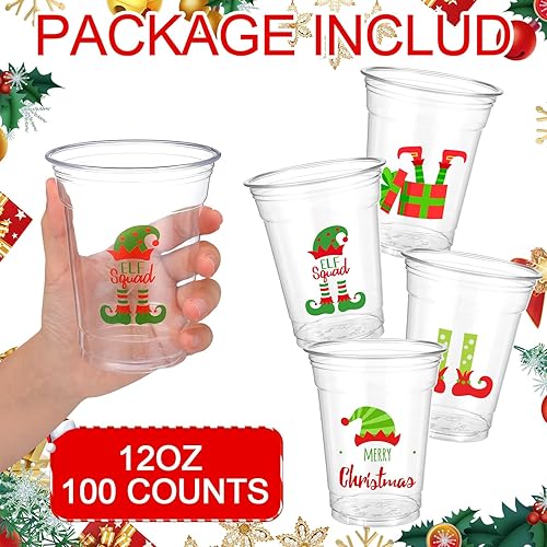 Miniatura 3 de Bokon Juego de 100 tazas de 12 onzas de elfo de Navidad con tema de payaso, vasos desechables con tapas y pajitas de papel, suministros de fiesta de