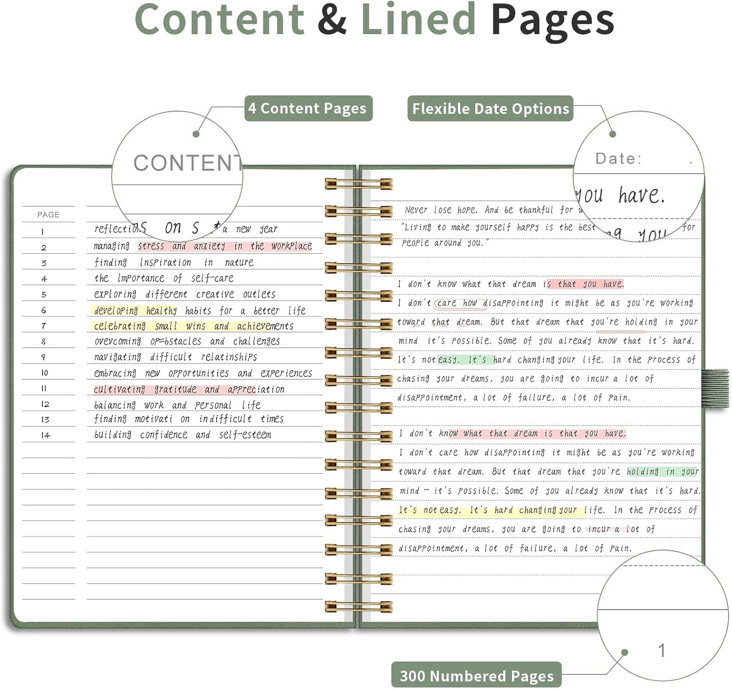 EMSHOI Spiral Notebook College Ruled, 300 Numbered Pages A5 Leather Hardcover Lined Journal with Ruler, PVC Pocket, Pen Holder & Bookmark, for Women Men Work School Writing, 5.7"x8.22", Light Green - Image 3
